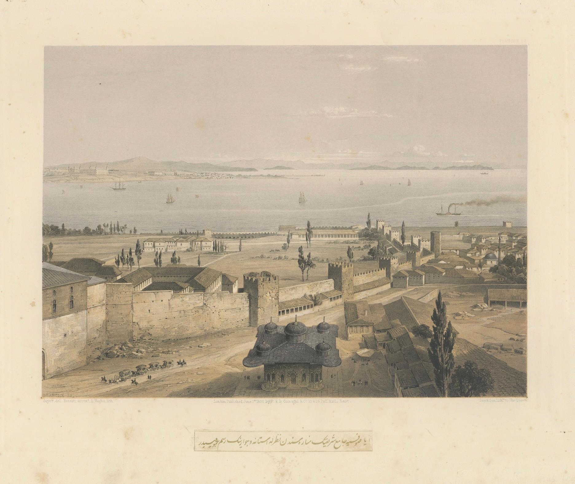 Rara litografía tintada de 1852 del Palacio Topkapi y el Bósforo, Estambul en Bueno estado para la venta en Langweer, NL