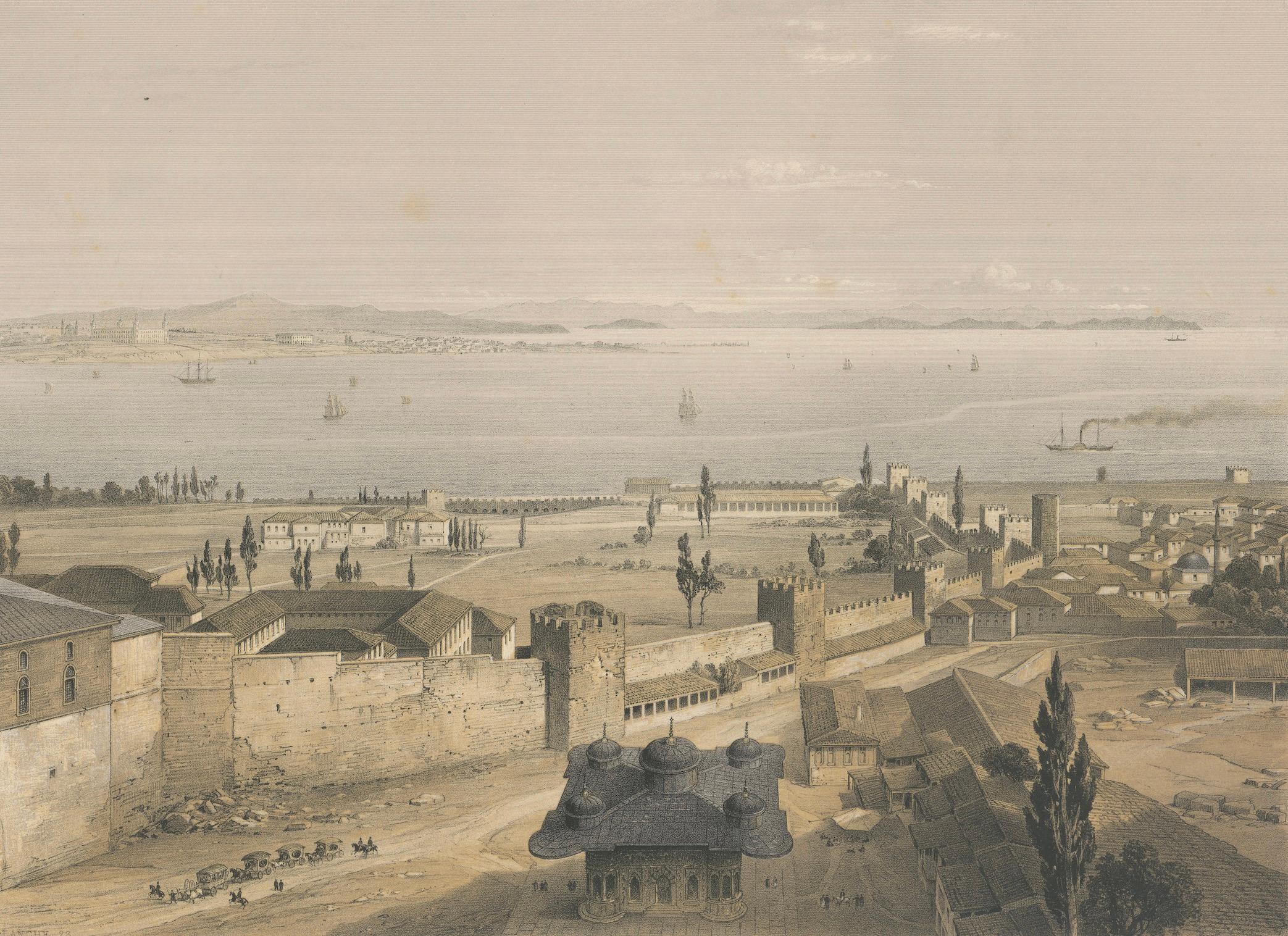 Rara litografía tintada de 1852 del Palacio Topkapi y el Bósforo, Estambul Mediados del siglo XIX en venta