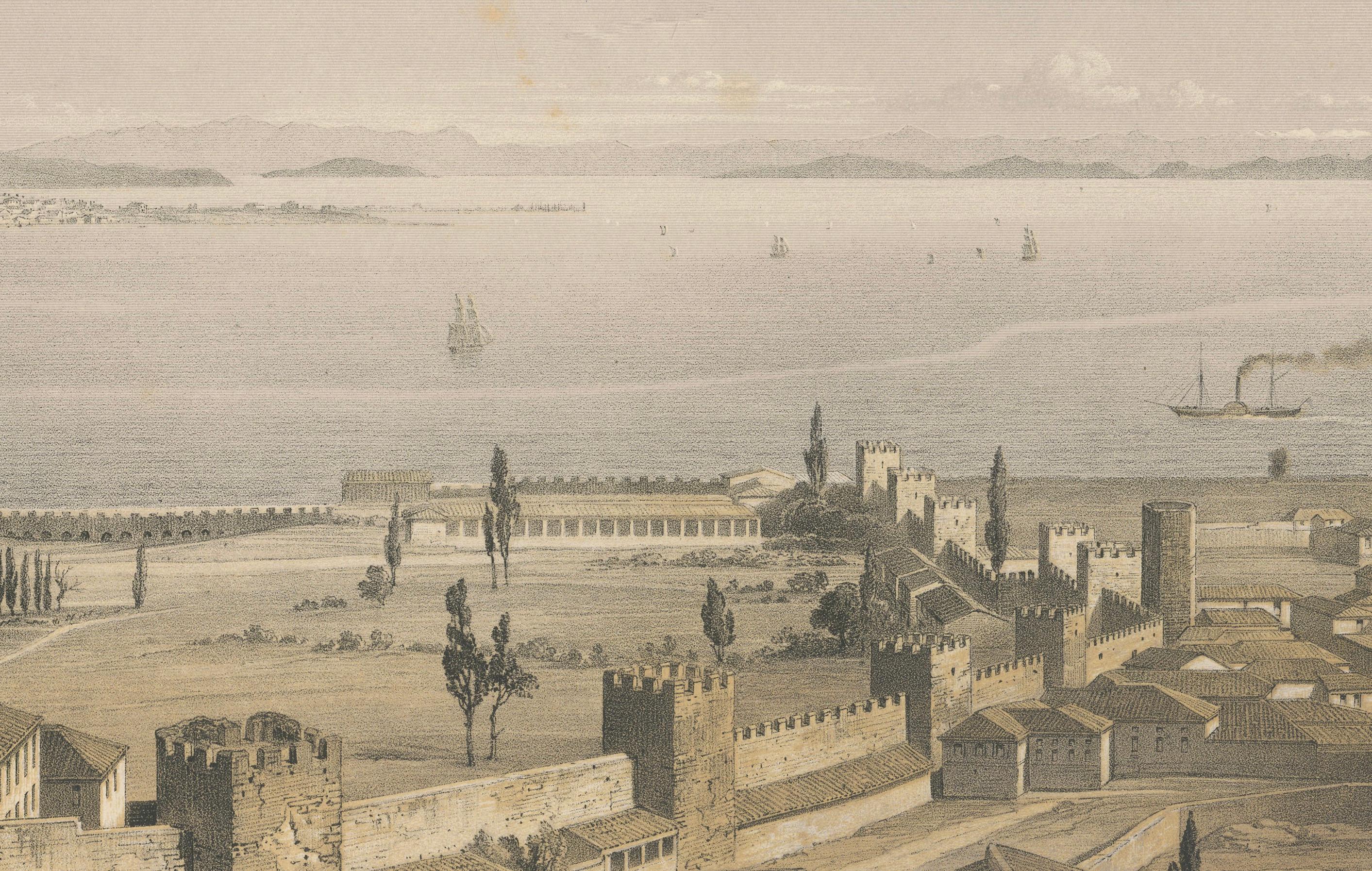Rara litografía tintada de 1852 del Palacio Topkapi y el Bósforo, Estambul en venta 1