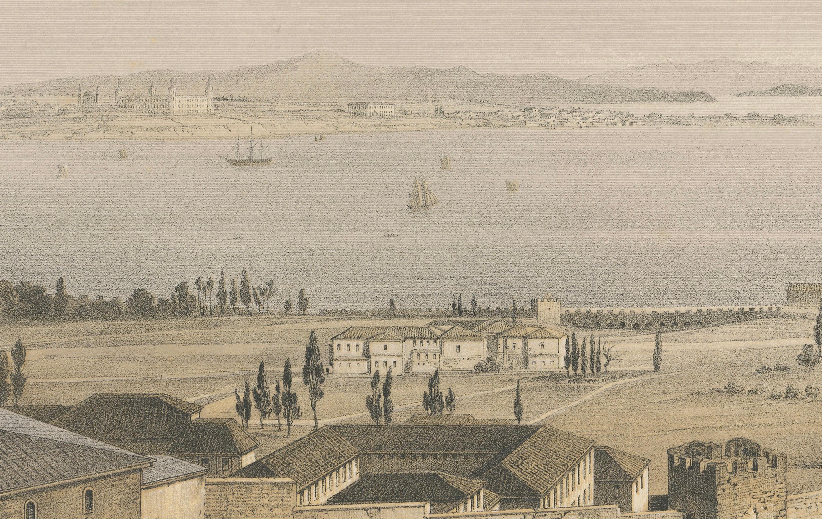 Rara litografía tintada de 1852 del Palacio Topkapi y el Bósforo, Estambul en venta 2
