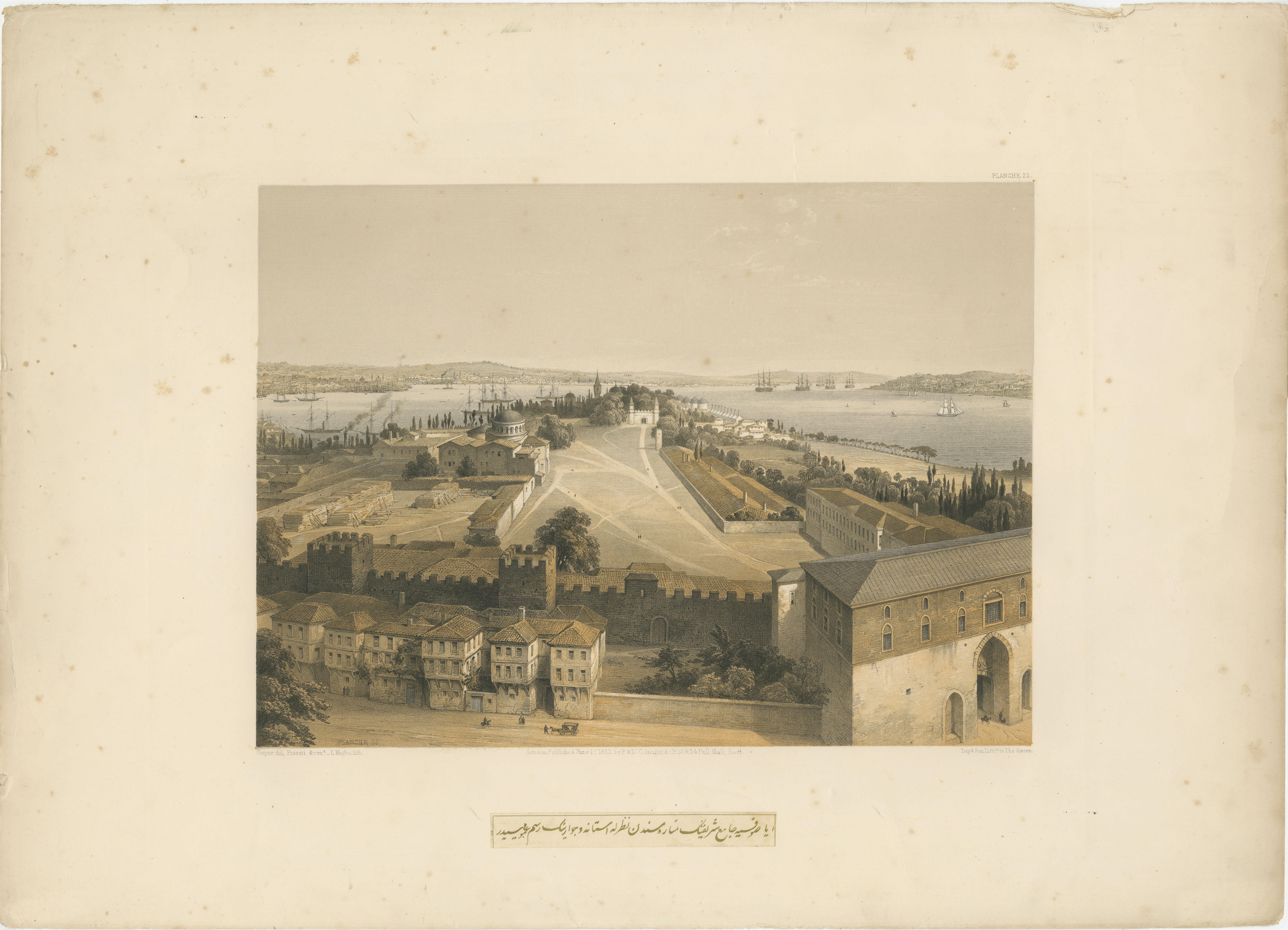 Titolo: Rara litografia colorata del 1852 del cortile del Palazzo Topkapi e del Bosforo, Istanbul di L. Haghe dopo Fossati e Gayer

Descrizione: Questa eccezionale litografia colorata raffigura l'ampio cortile del Palazzo Topkapi, con le sue mura