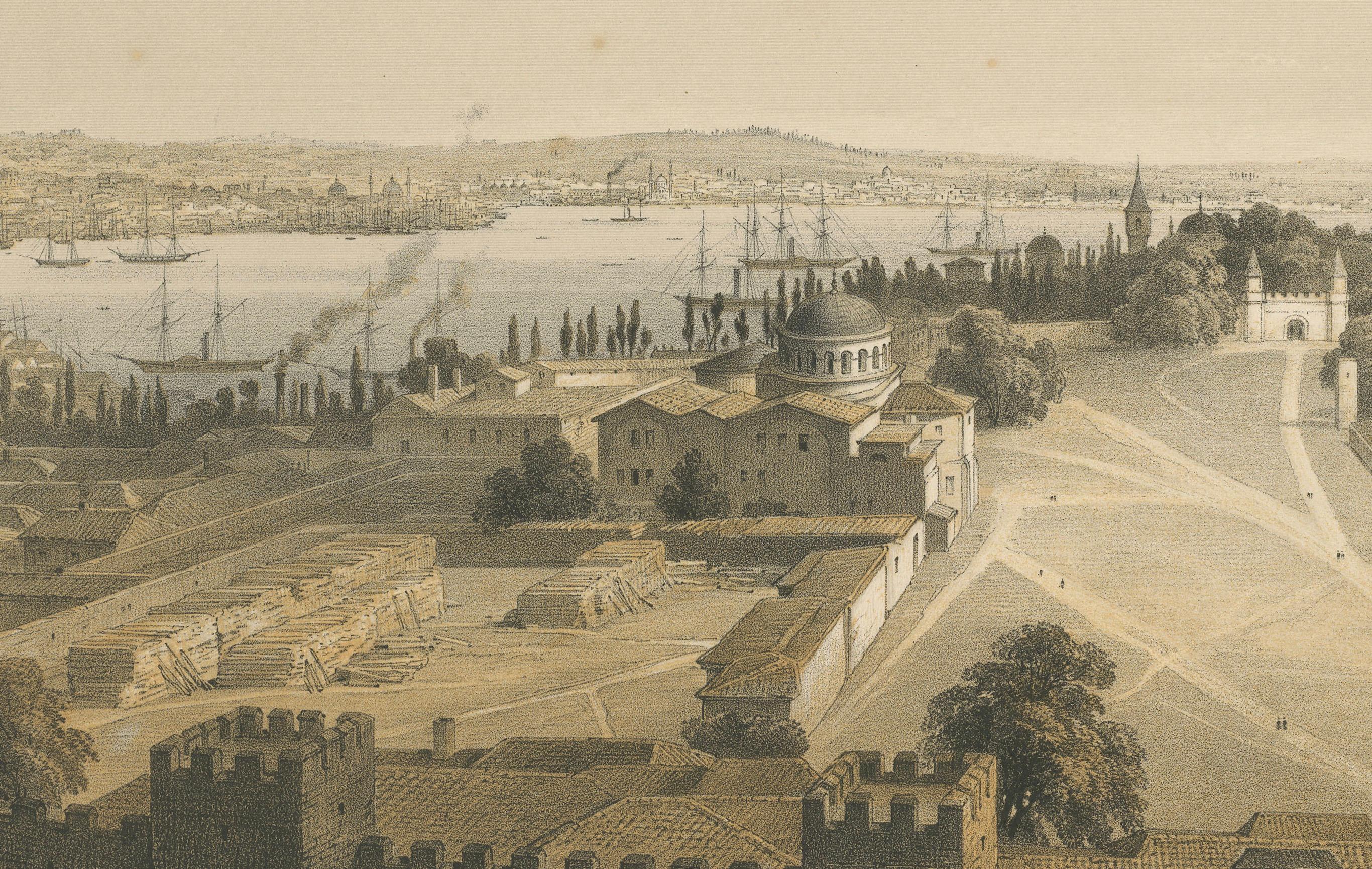 Rara litografia colorata del 1852 del cortile del Palazzo Topkapi e del Bosforo, Istanbul In condizioni buone in vendita a Langweer, NL