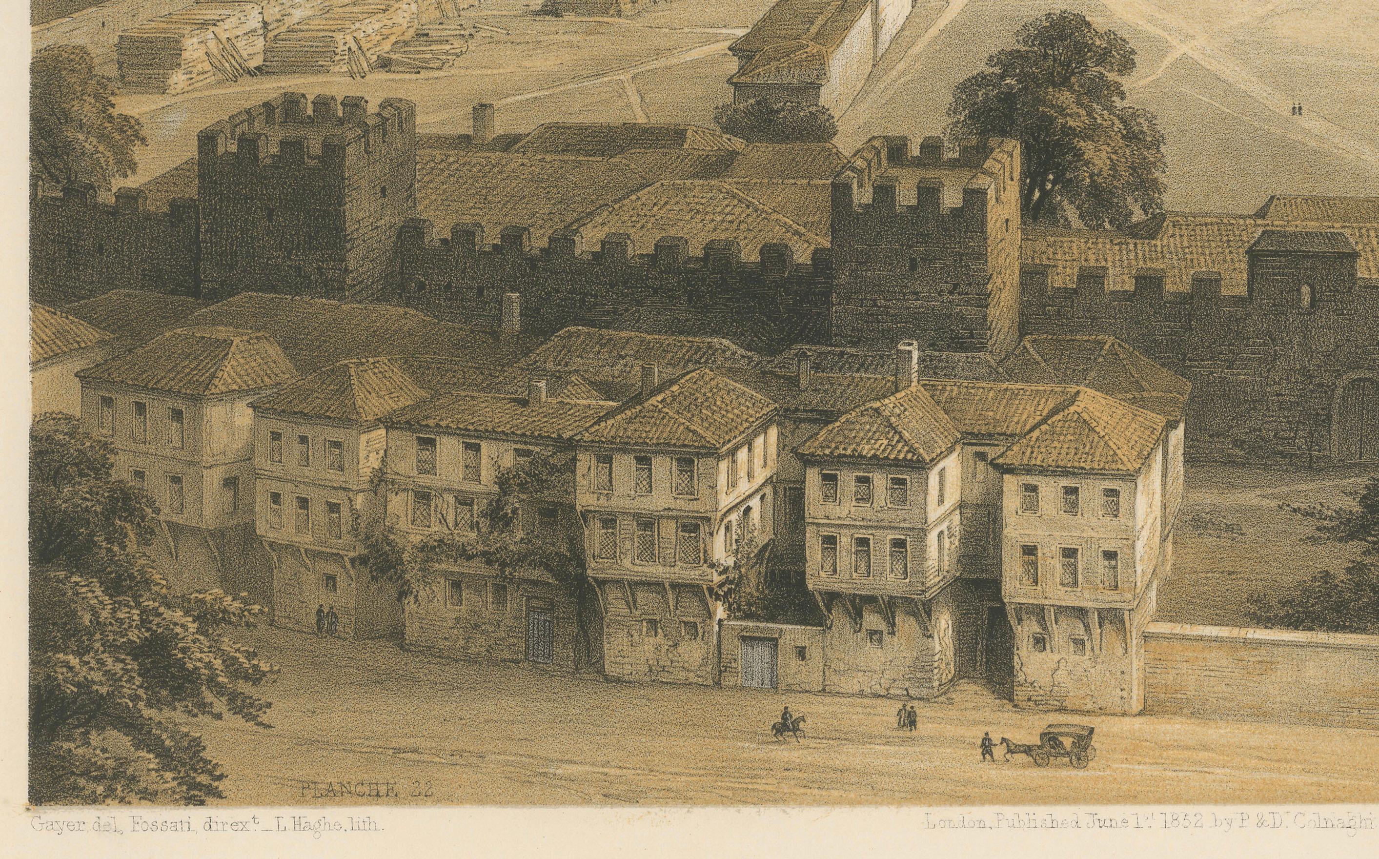 Metà XIX secolo Rara litografia colorata del 1852 del cortile del Palazzo Topkapi e del Bosforo, Istanbul in vendita