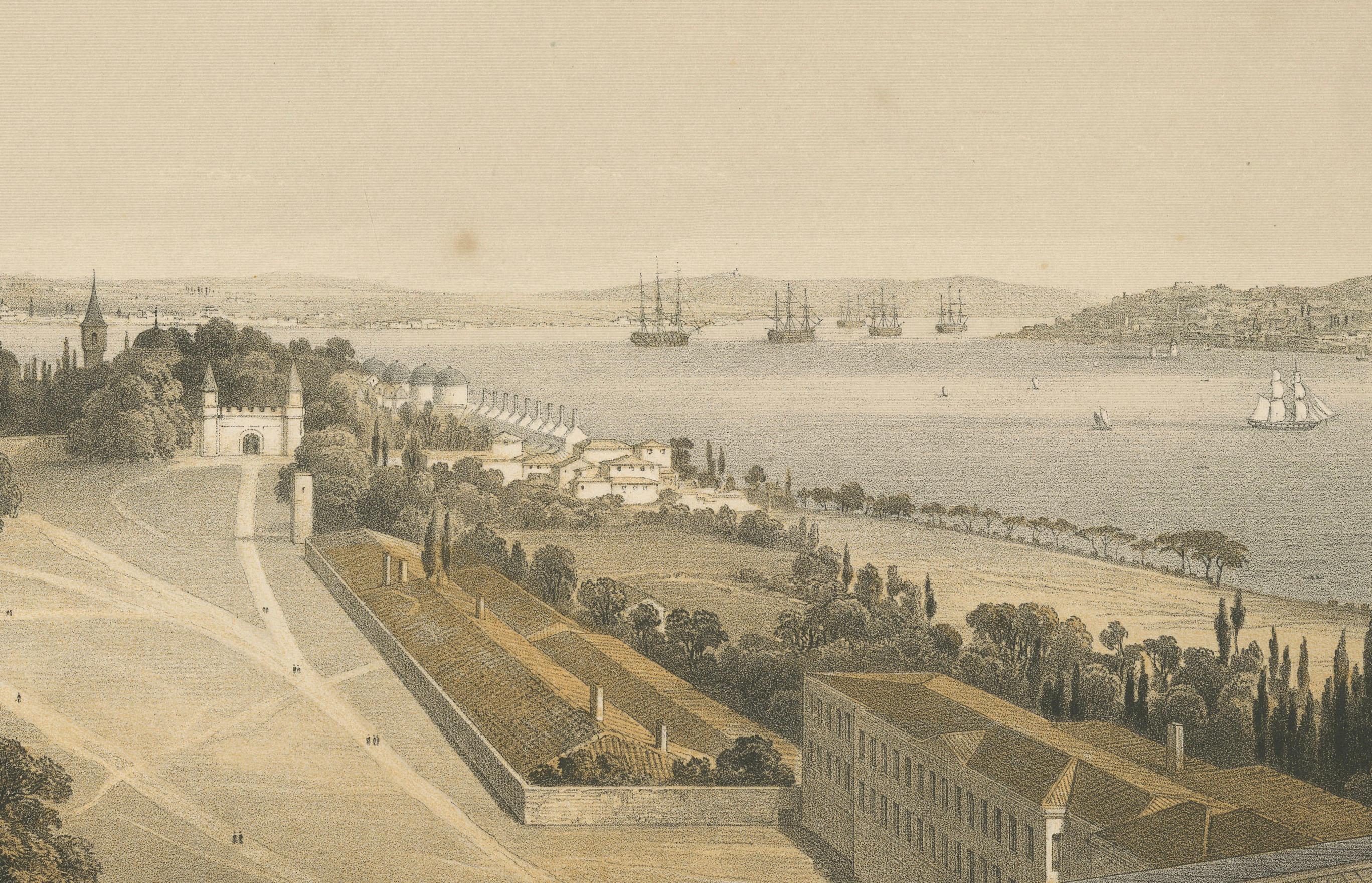 Carta Rara litografia colorata del 1852 del cortile del Palazzo Topkapi e del Bosforo, Istanbul in vendita
