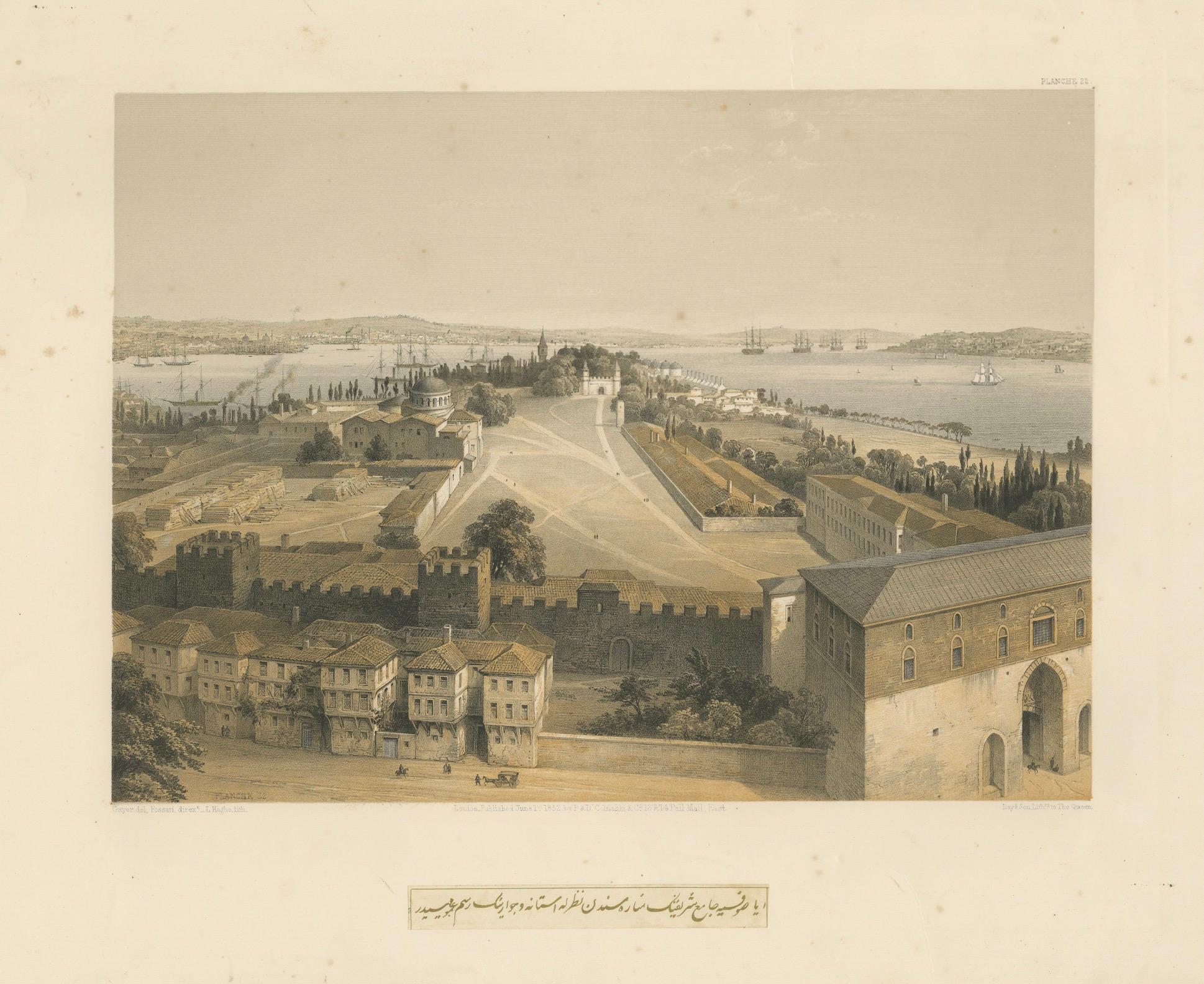 Rara litografia colorata del 1852 del cortile del Palazzo Topkapi e del Bosforo, Istanbul in vendita 1