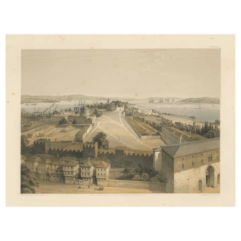 Rare 1852 Tinted Lithograph of Topkapi Palace Courtyard and Bosphorus, Istanbul