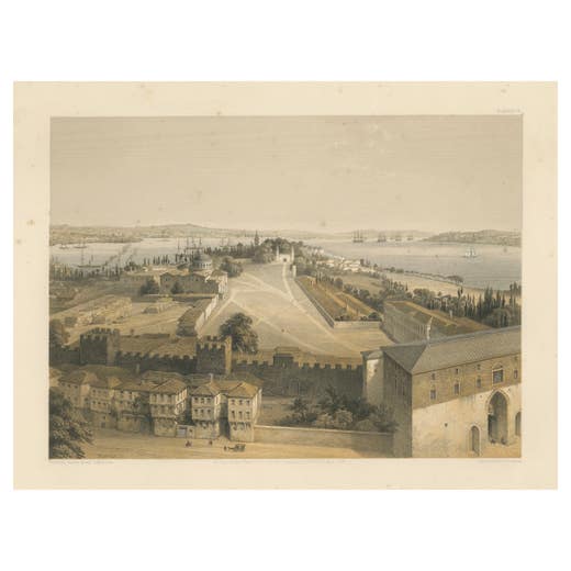 Rare 1852 Tinted Lithograph of Topkapi Palace Courtyard and Bosphorus, Istanbul