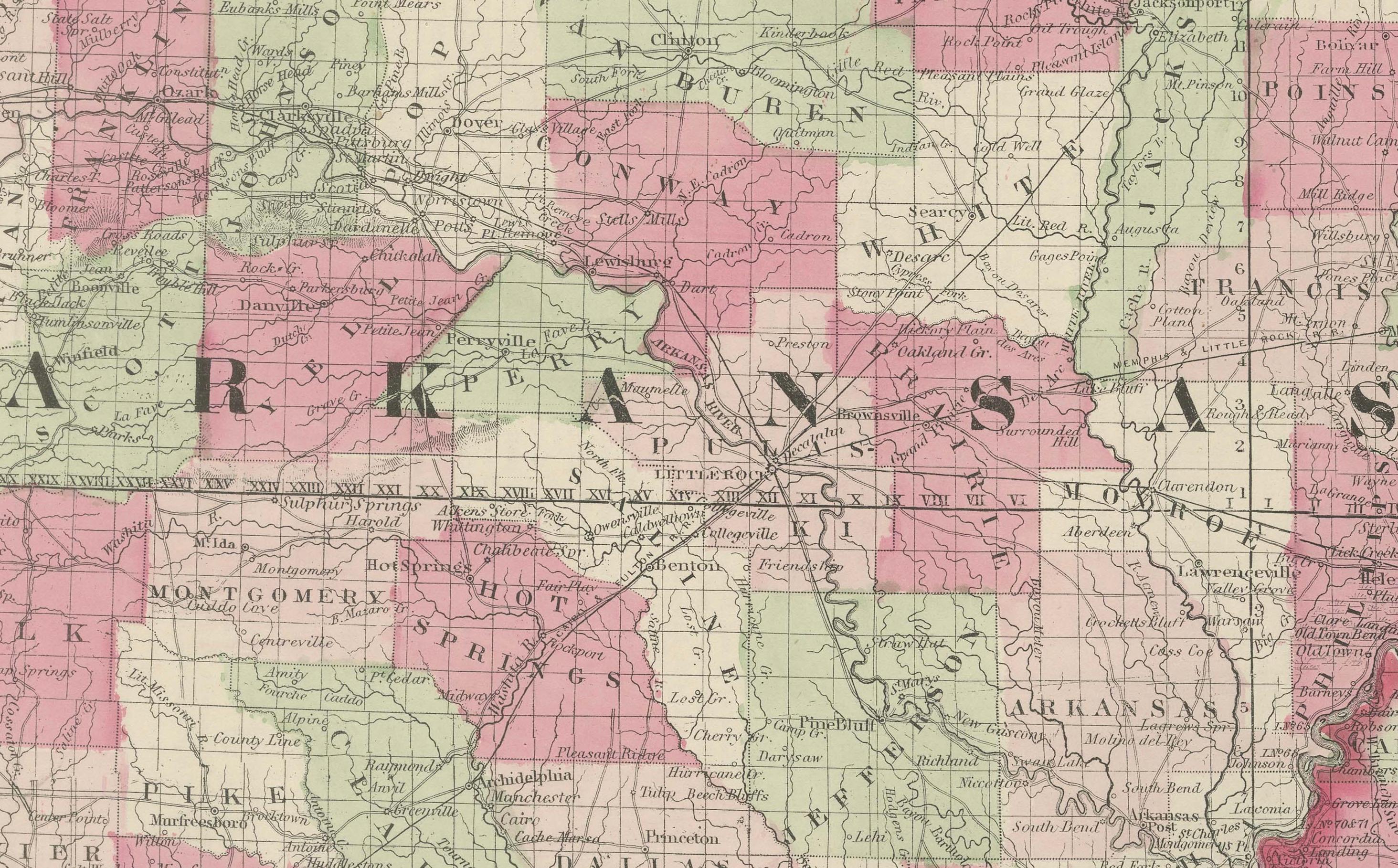 Titolo: Rara mappa dell'epoca della guerra civile del 1864 dell'Arkansas, del Mississippi e della Louisiana

Descrizione: Questa affascinante mappa antica, intitolata 
