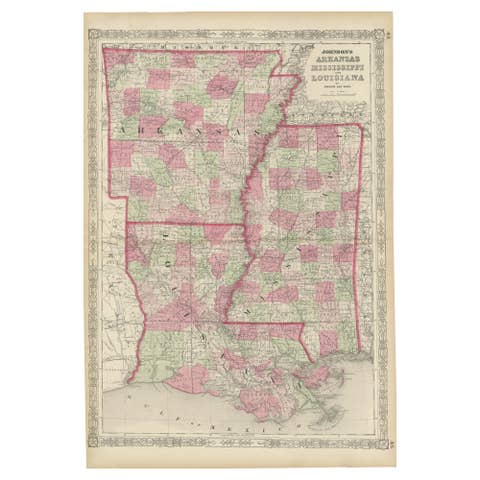 Rare 1864 Civil War Era Map of Arkansas, Mississippi, and Louisiana