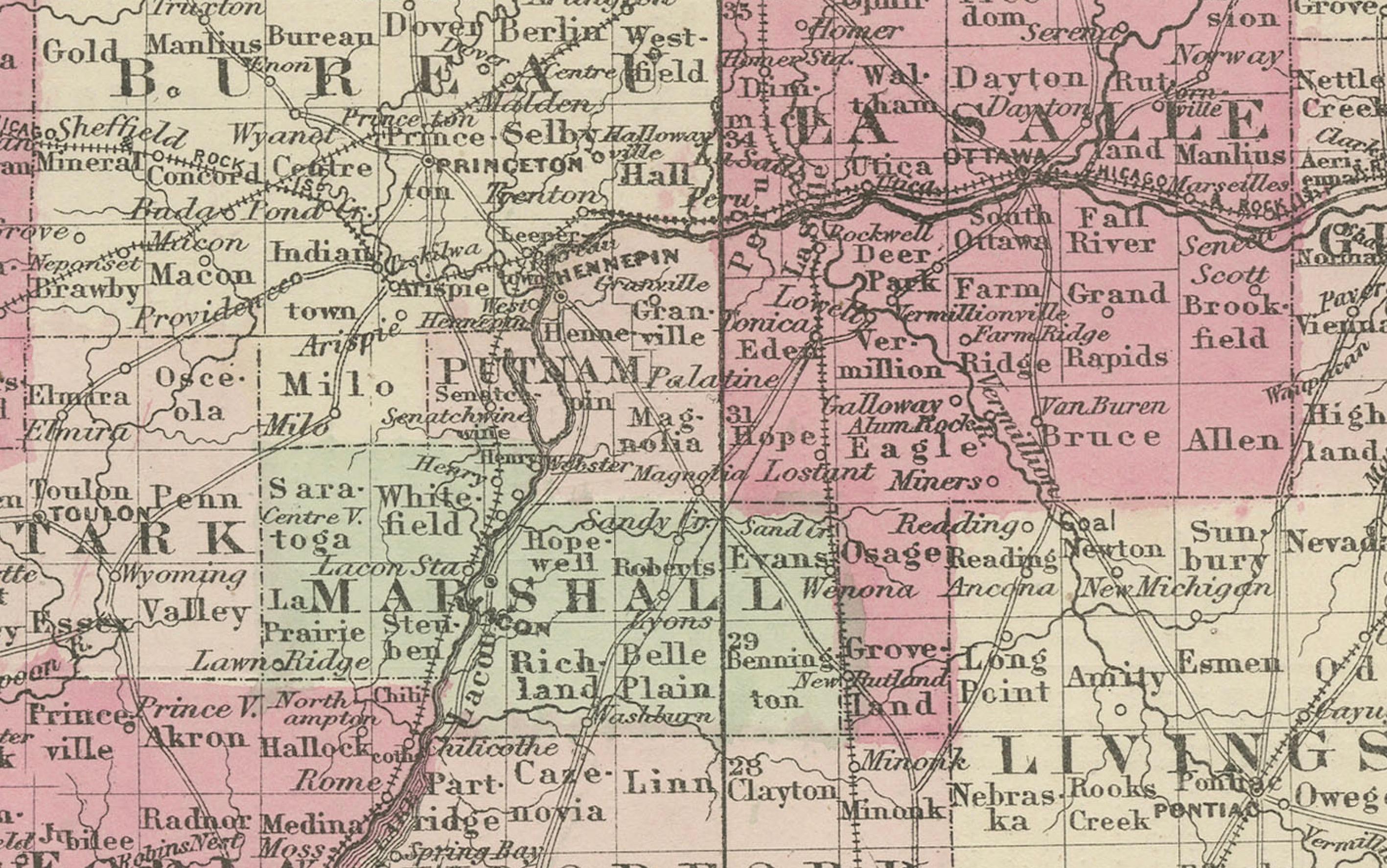 Titre : Carte de l'Illinois de l'époque de la guerre civile de 1864 avec détail du lac Michigan

Description : Cette carte ancienne aux détails complexes, intitulée 