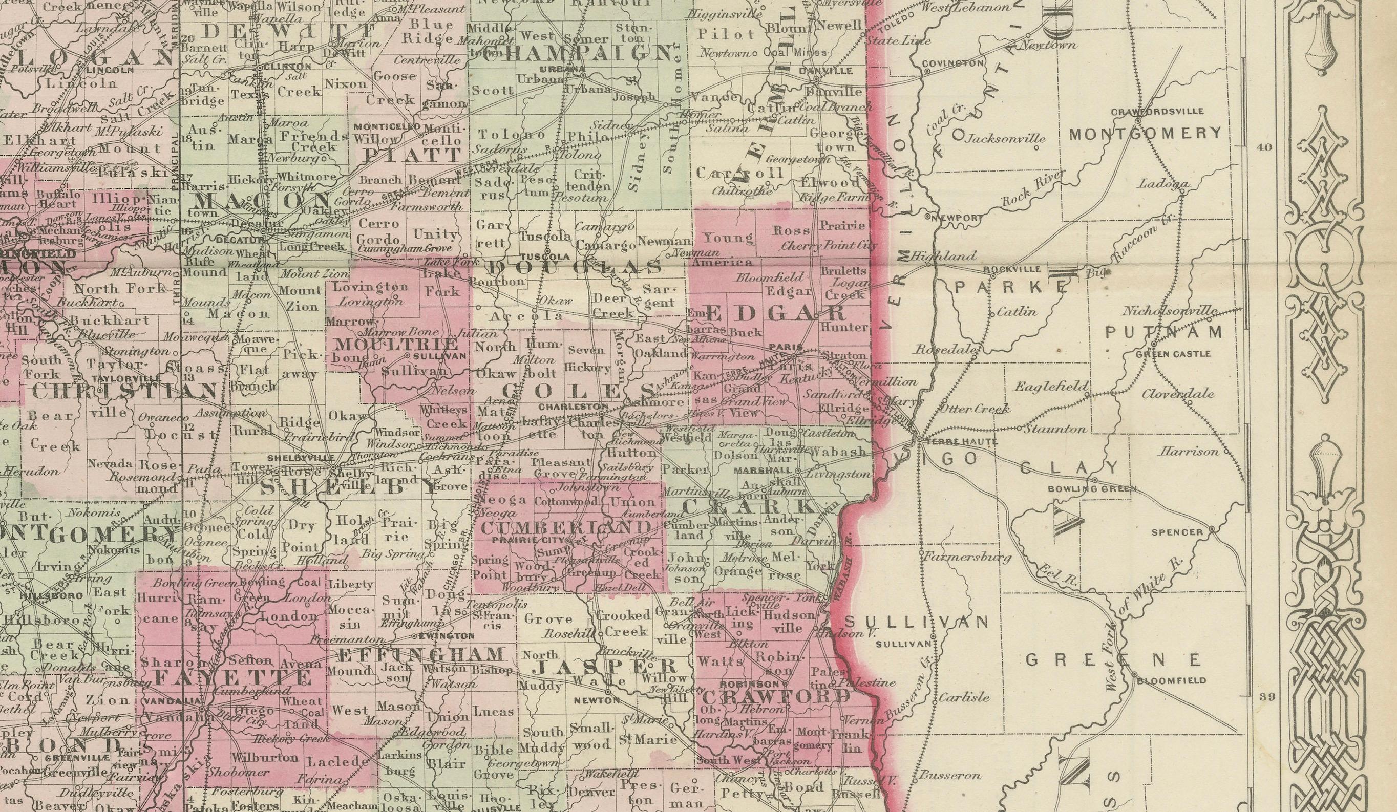 Rare carte de l'Illinois datant de la guerre civile de 1864 avec détails du lac Michigan Bon état - En vente à Langweer, NL