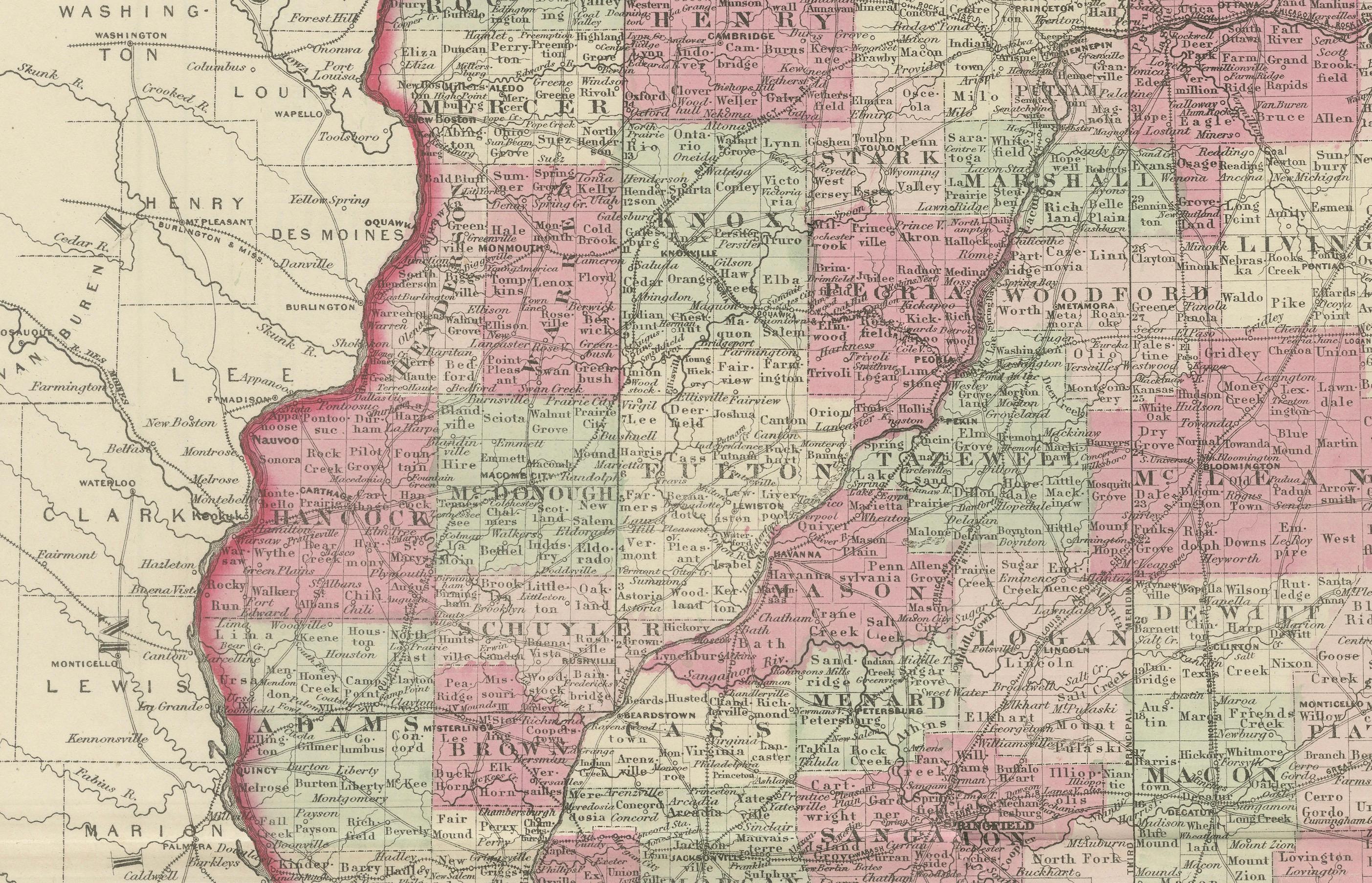 Milieu du XIXe siècle Rare carte de l'Illinois datant de la guerre civile de 1864 avec détails du lac Michigan en vente