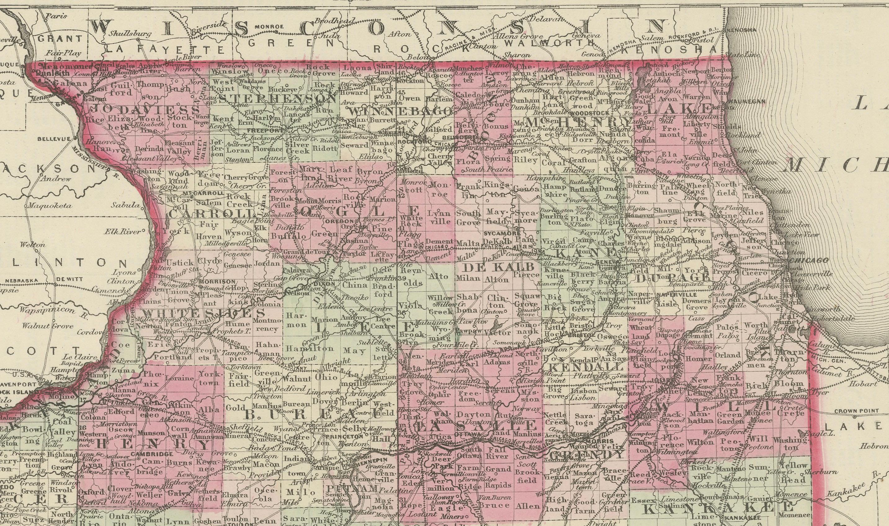 Papier Rare carte de l'Illinois datant de la guerre civile de 1864 avec détails du lac Michigan en vente