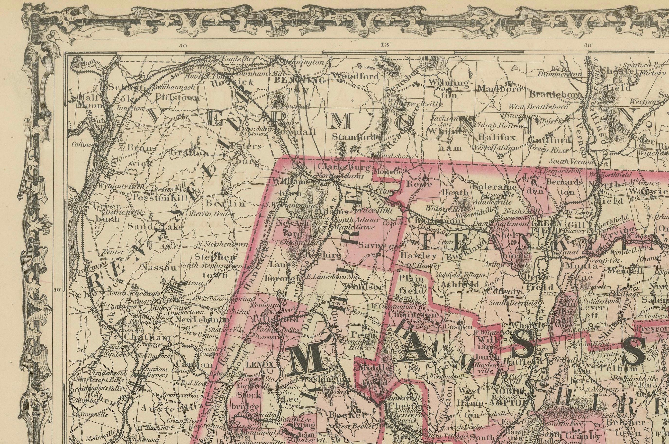 Titre : Rare carte du Massachusetts, du Connecticut et du Rhode Island datant de l'époque de la guerre de Sécession (1864)

Description : Cette exquise carte ancienne, intitulée 