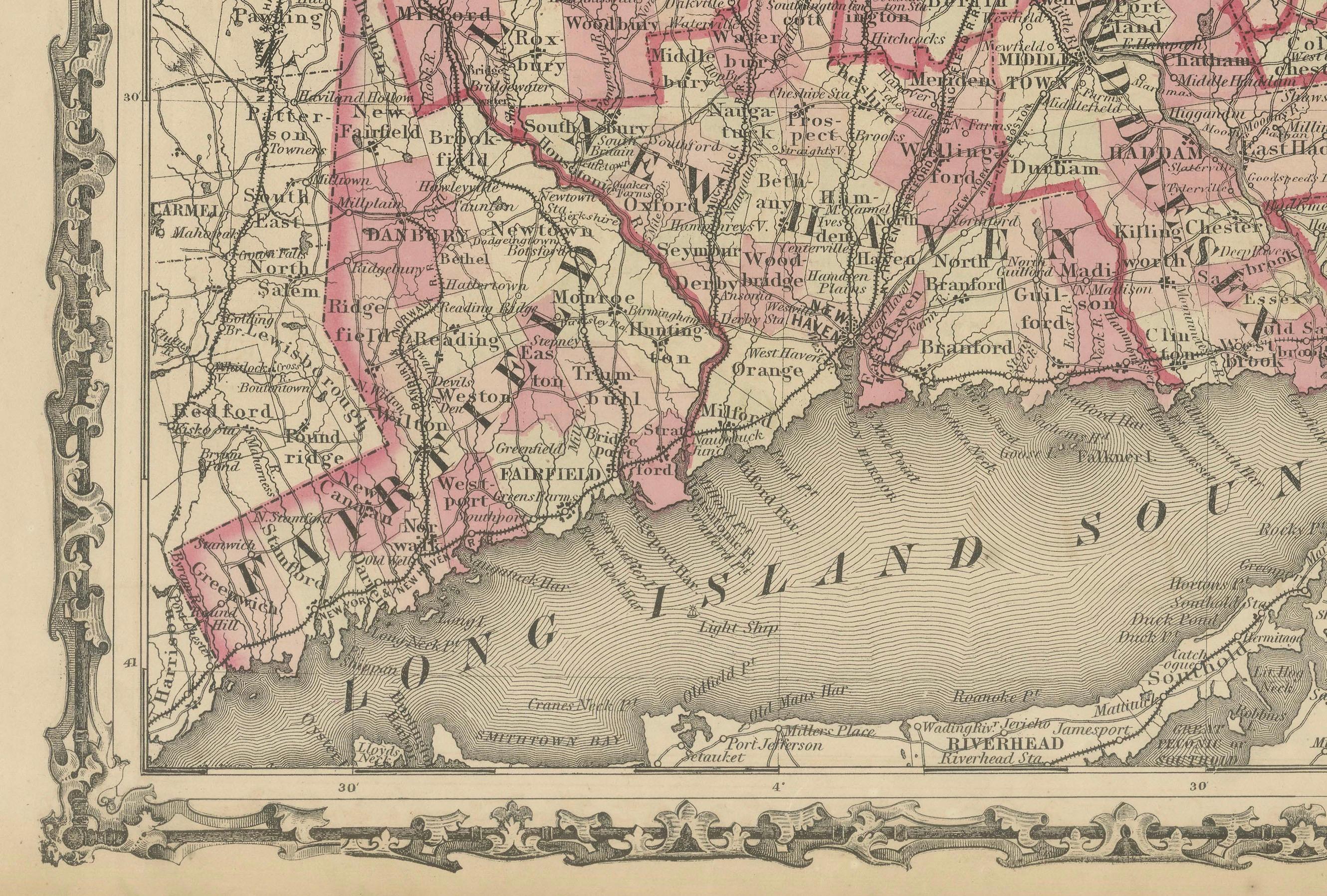 Milieu du XIXe siècle Rare carte du Massachusetts, du Connecticut et du Rhode Island datant de l'époque de la guerre civile de 1864 en vente