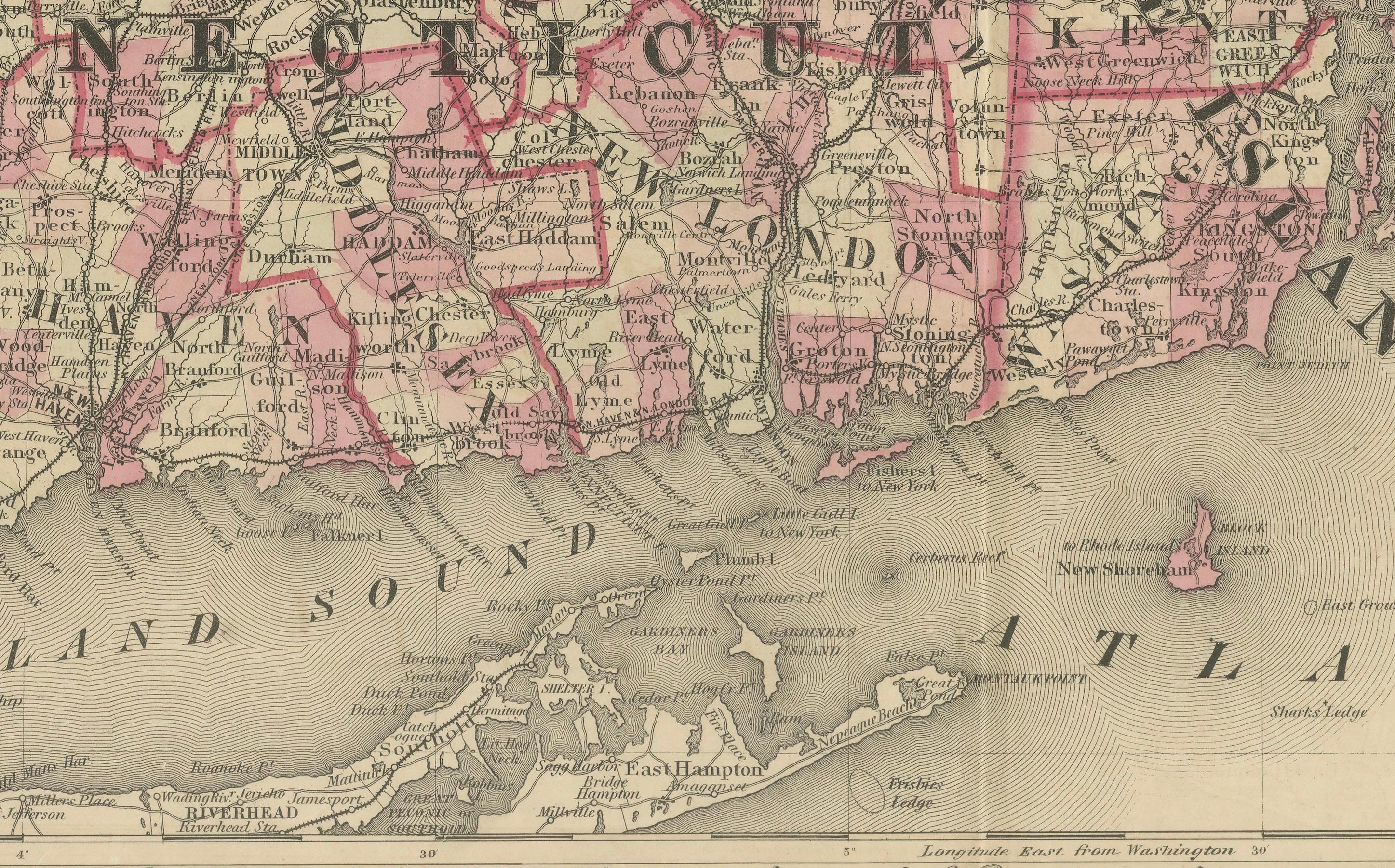 Papier Rare carte du Massachusetts, du Connecticut et du Rhode Island datant de l'époque de la guerre civile de 1864 en vente