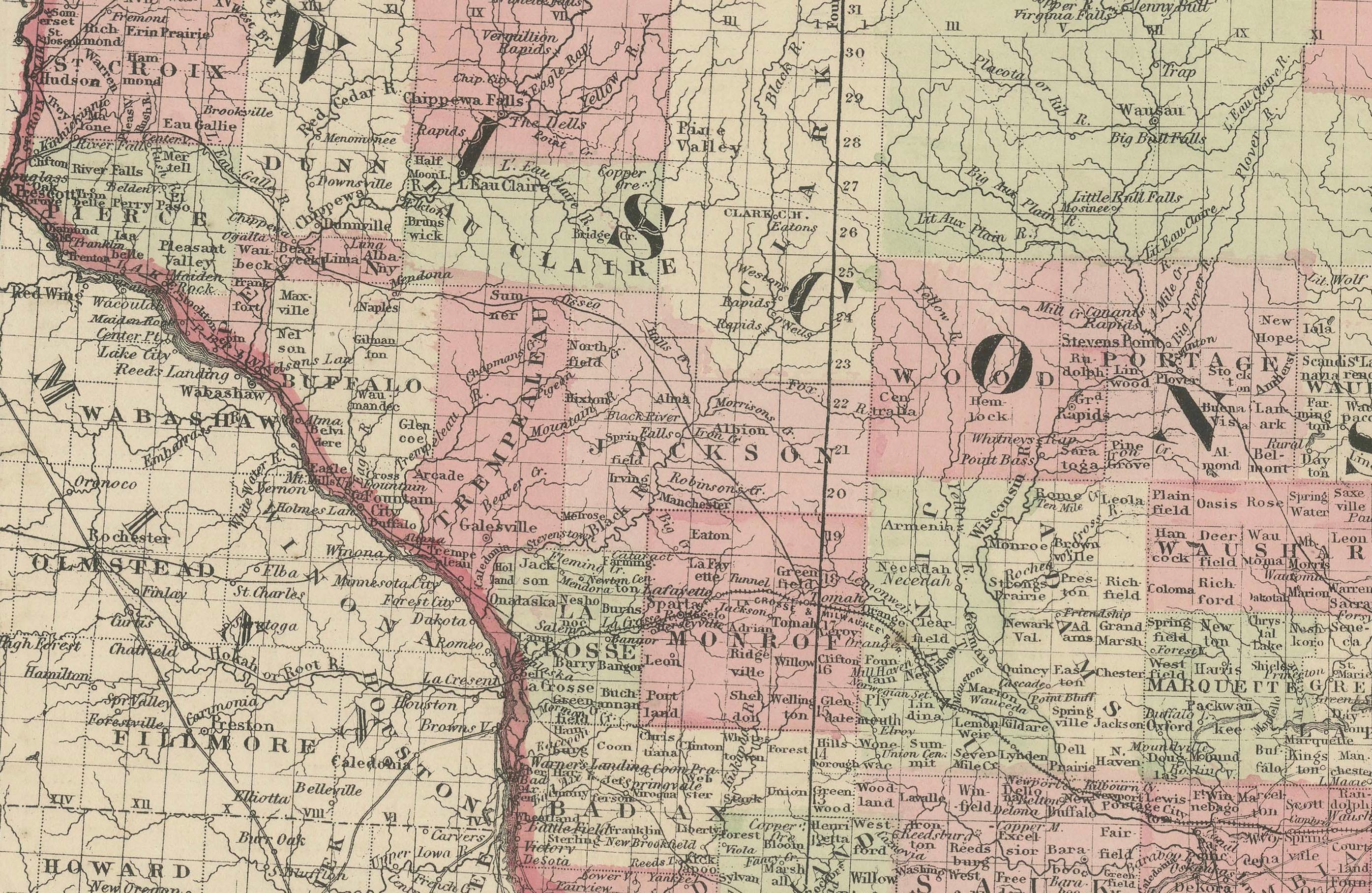 Titel: Seltene Karte von Michigan und Wisconsin aus dem Bürgerkrieg von 1864 mit Details der Großen Seen

Beschreibung: Diese wunderschön gearbeitete antike Karte mit dem Titel 