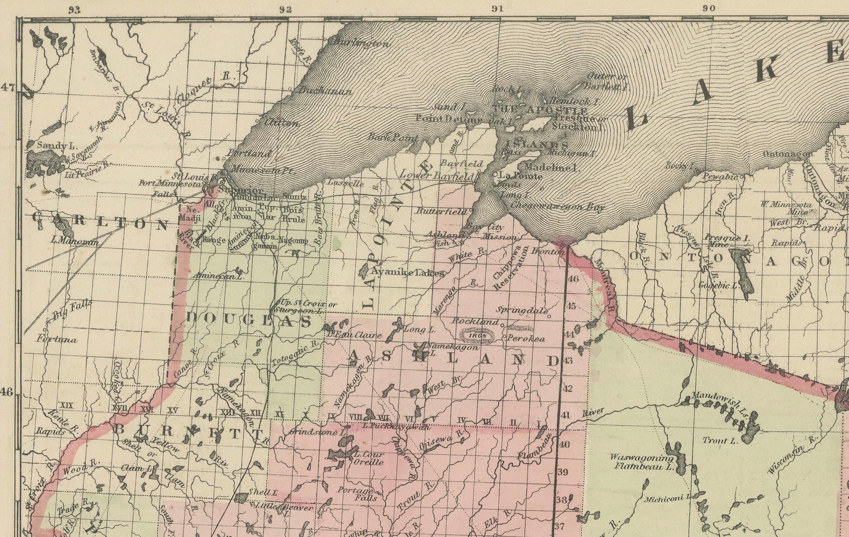 Seltene Karte aus der Zeit des Bürgerkriegs von 1864 von Michigan und Wisconsin mit Great Lakes-Details im Zustand „Gut“ im Angebot in Langweer, NL