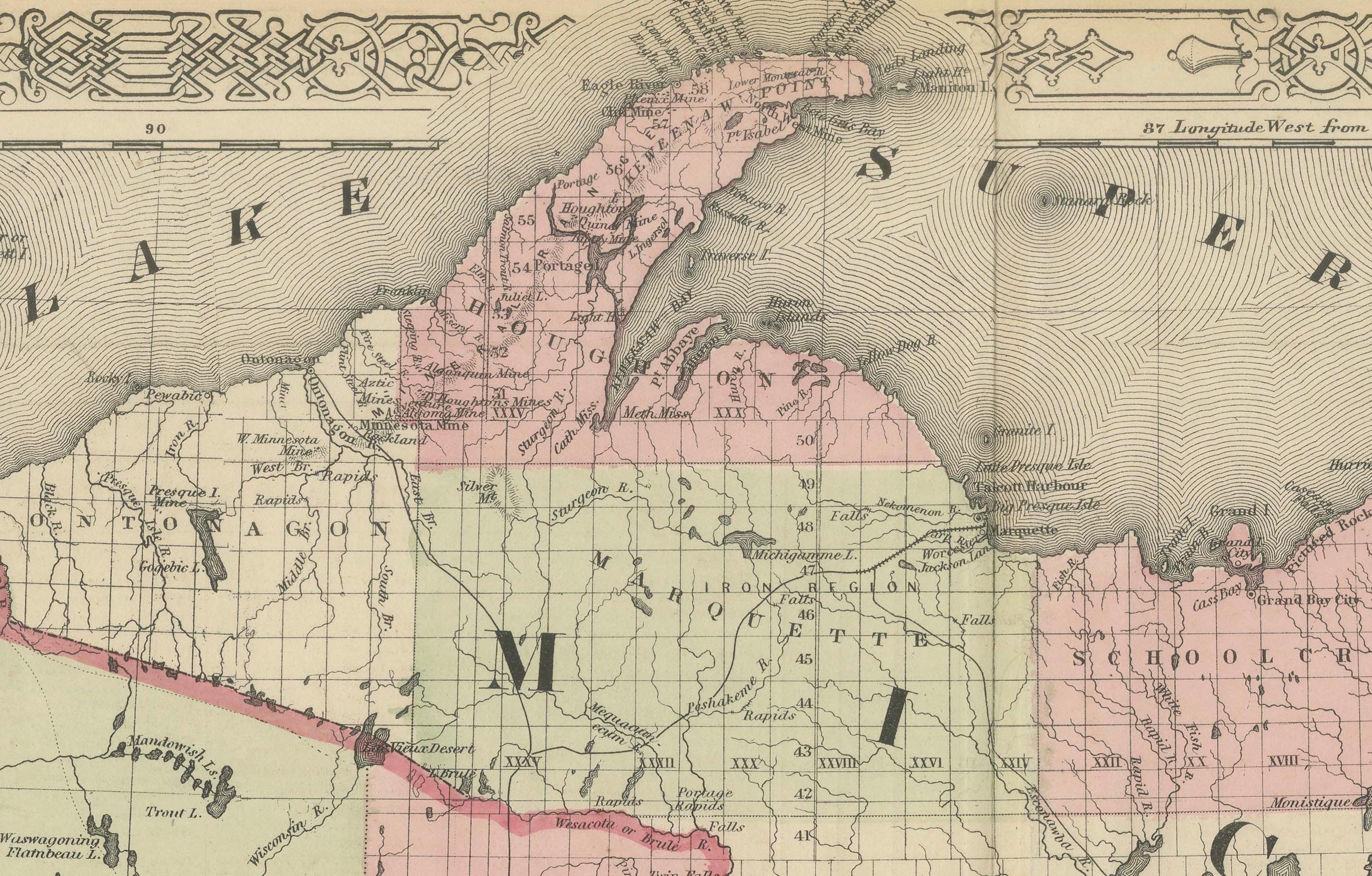 Seltene Karte aus der Zeit des Bürgerkriegs von 1864 von Michigan und Wisconsin mit Great Lakes-Details (Mittleres 19. Jahrhundert) im Angebot