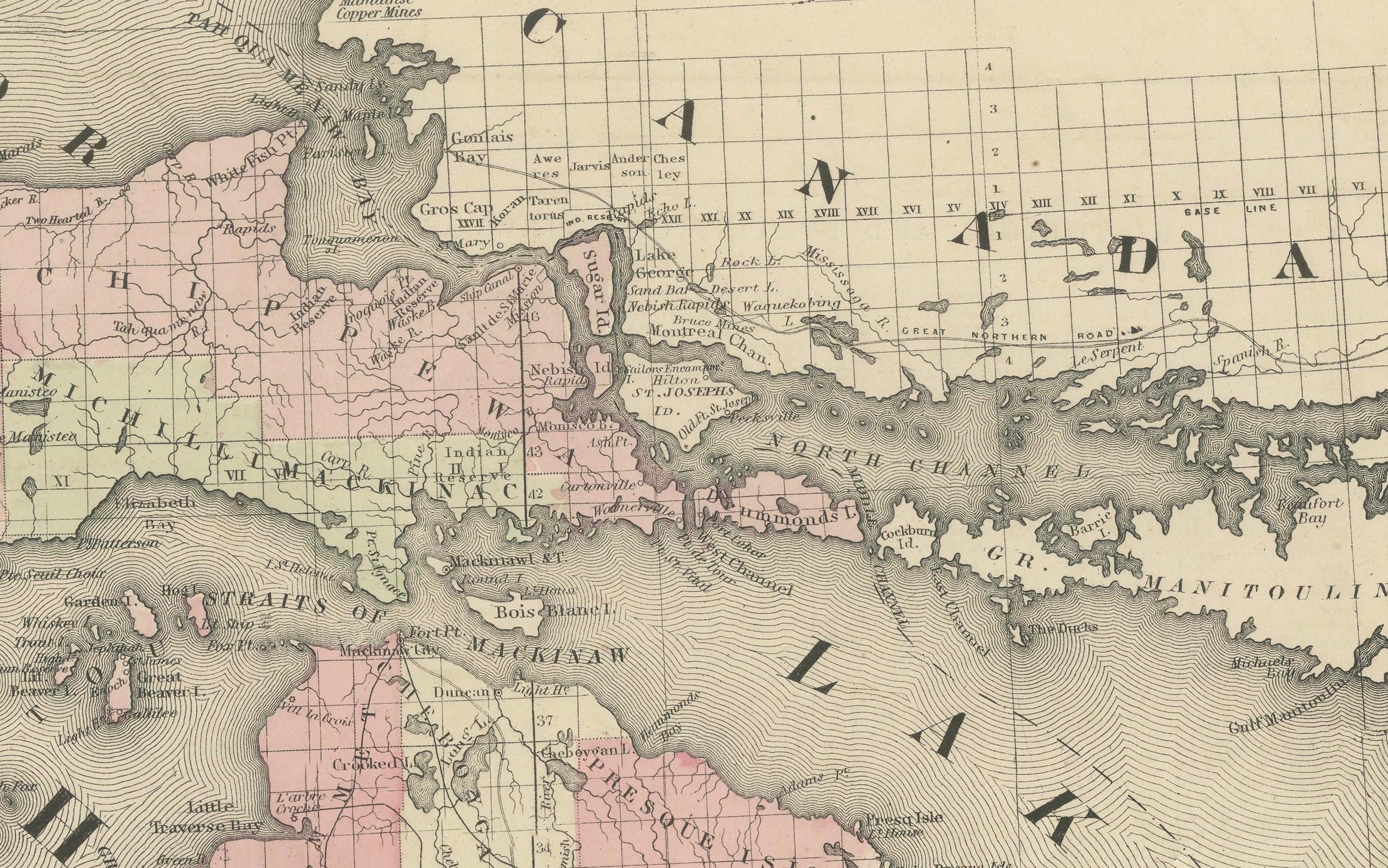 Seltene Karte aus der Zeit des Bürgerkriegs von 1864 von Michigan und Wisconsin mit Great Lakes-Details (Papier) im Angebot