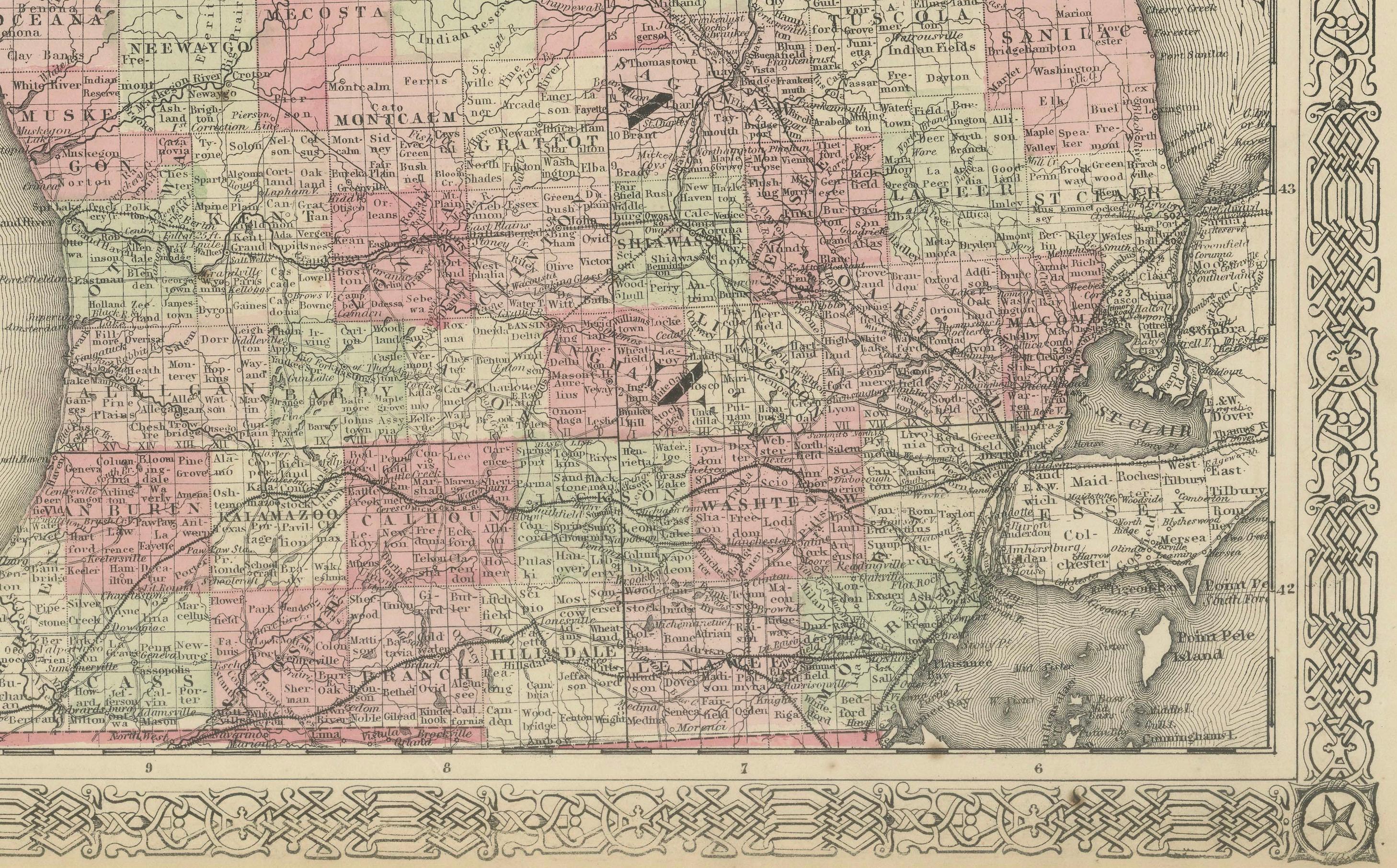 Seltene Karte aus der Zeit des Bürgerkriegs von 1864 von Michigan und Wisconsin mit Great Lakes-Details im Angebot 2