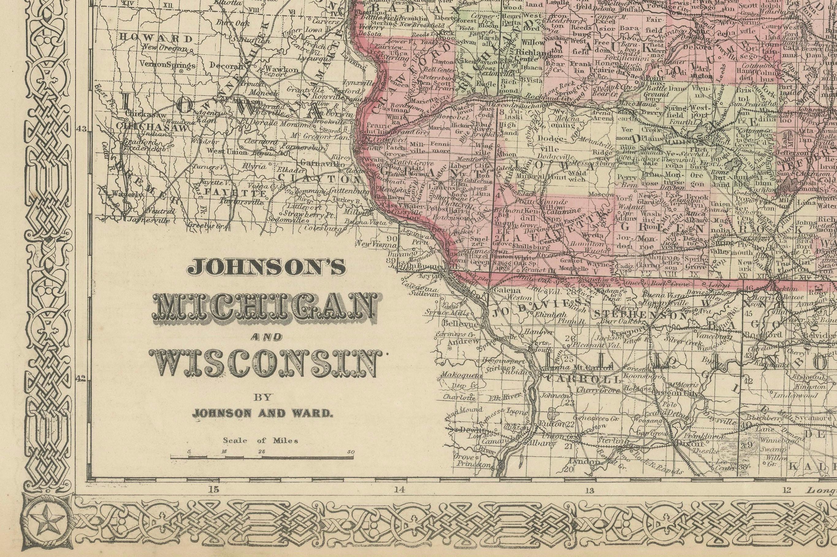 Seltene Karte aus der Zeit des Bürgerkriegs von 1864 von Michigan und Wisconsin mit Great Lakes-Details im Angebot 3