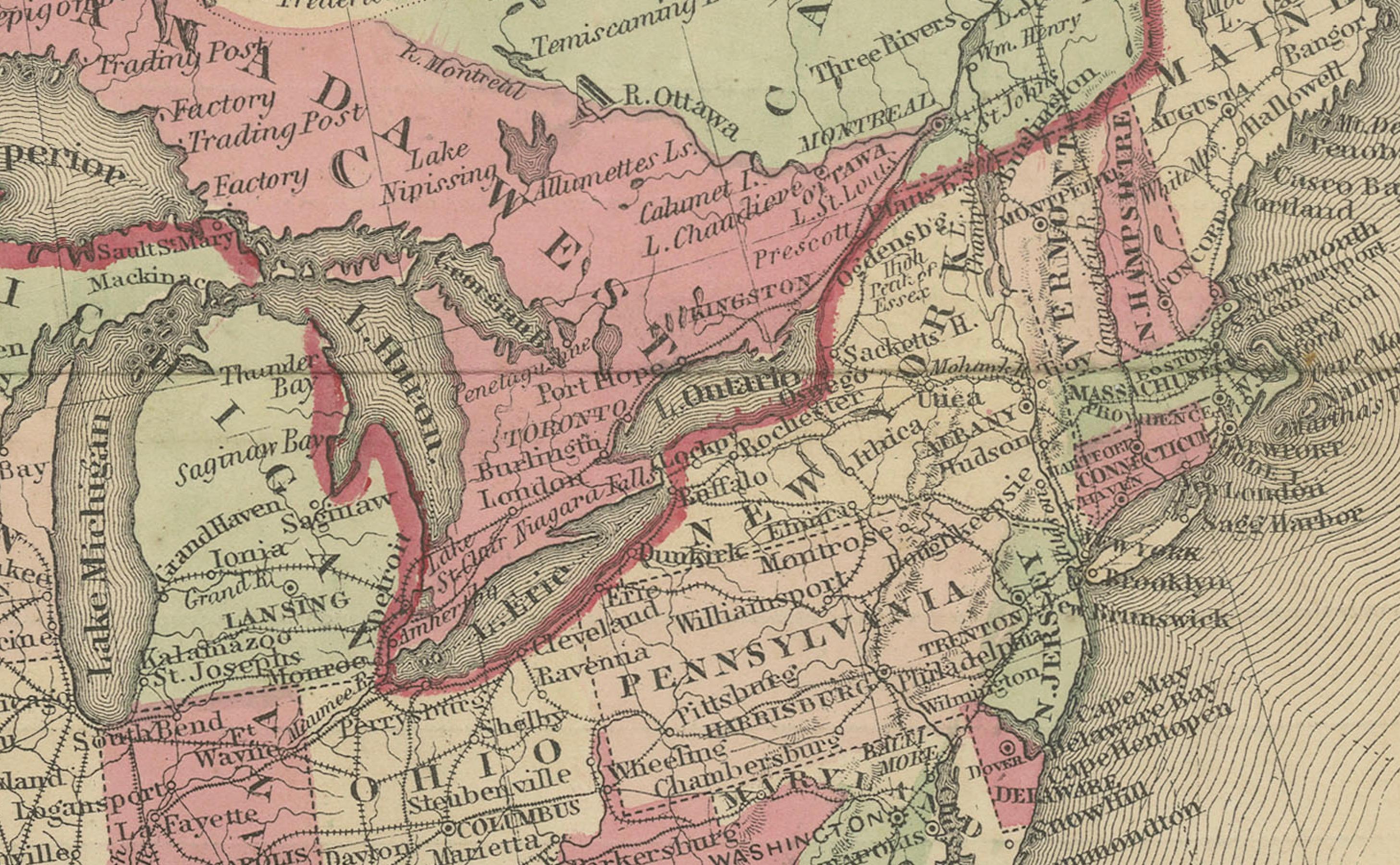 Rare carte de l'Amérique du Nord datant de l'époque de la guerre civile de 1864 avec des bordures détaillées Bon état - En vente à Langweer, NL