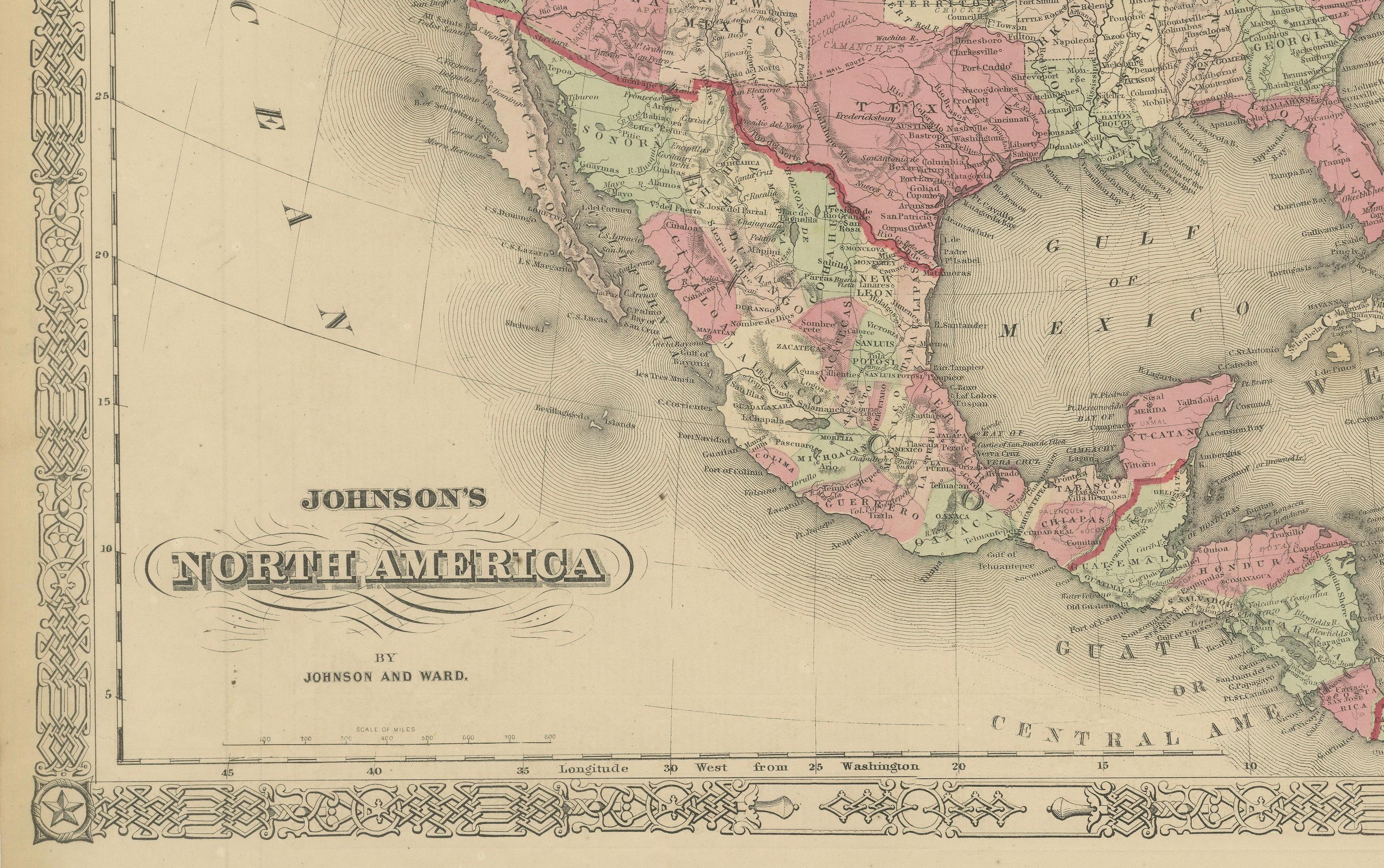 Papier Rare carte de l'Amérique du Nord datant de l'époque de la guerre civile de 1864 avec des bordures détaillées en vente