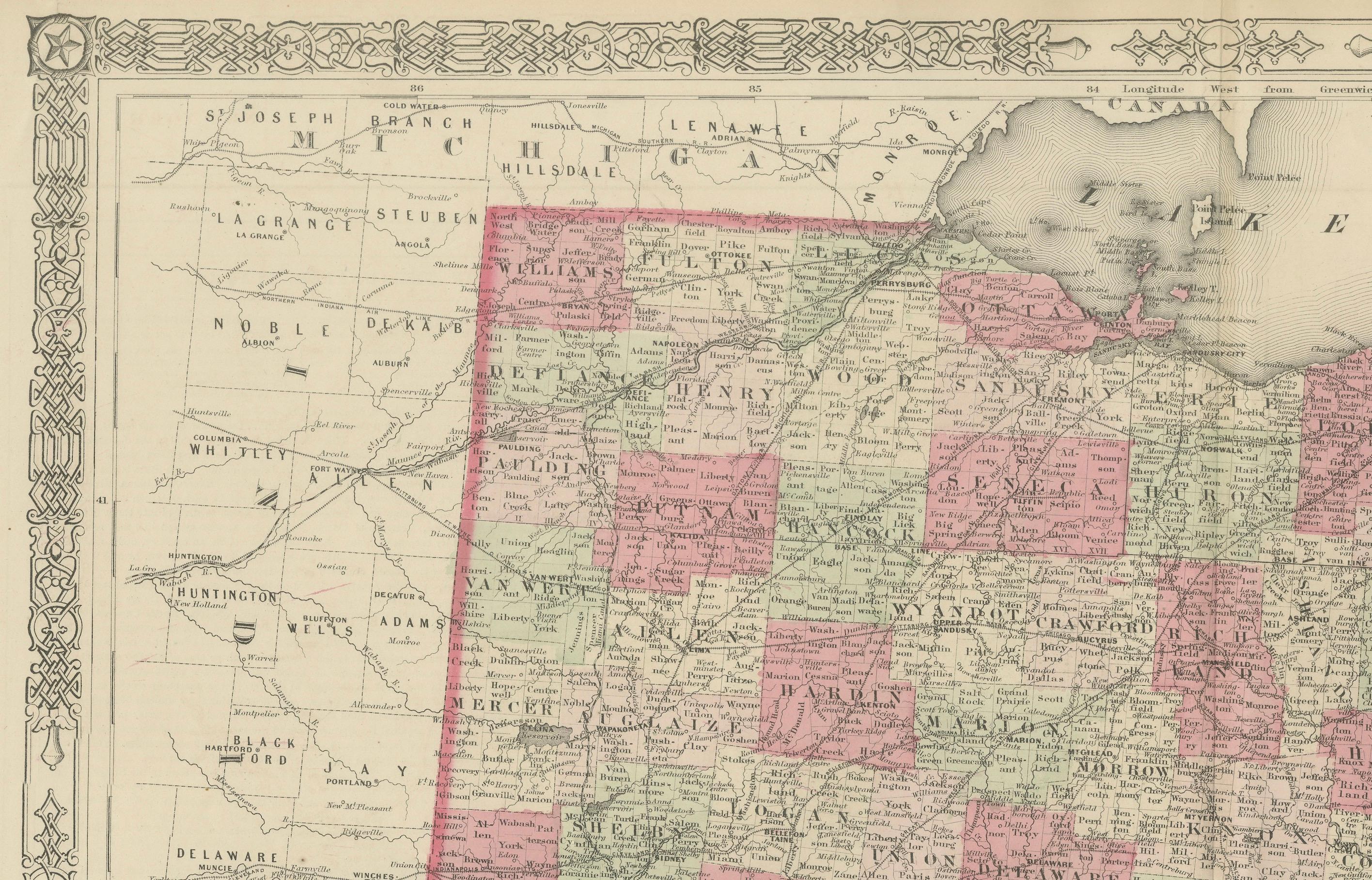Titel: Johnsons antike Ohio-Karte von Johnson und Ward, 1864

Beschreibung: Diese exquisite antike Karte mit dem Titel 