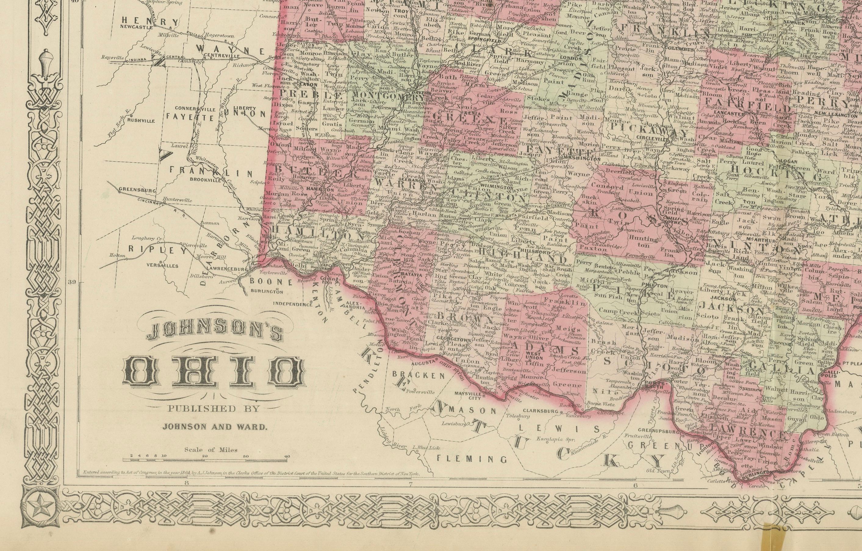 Seltene 1864 Ohio Civil War Era Karte mit State Capitol Illustration im Zustand „Gut“ im Angebot in Langweer, NL