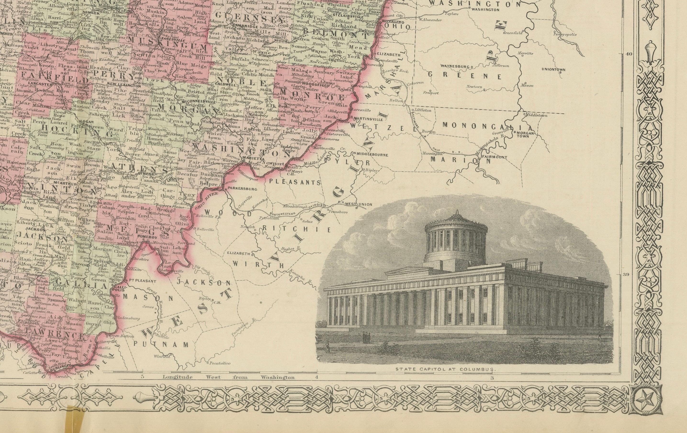 Seltene 1864 Ohio Civil War Era Karte mit State Capitol Illustration (Mittleres 19. Jahrhundert) im Angebot