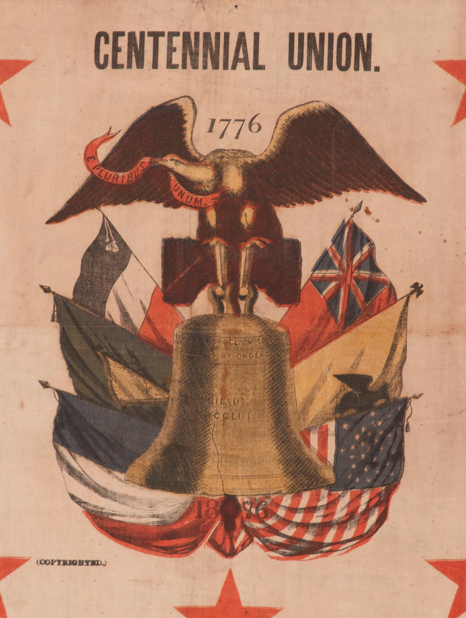 Américain Rare bannière du centenaire de 1876 avec cloche de la Liberté et drapeaux en vente