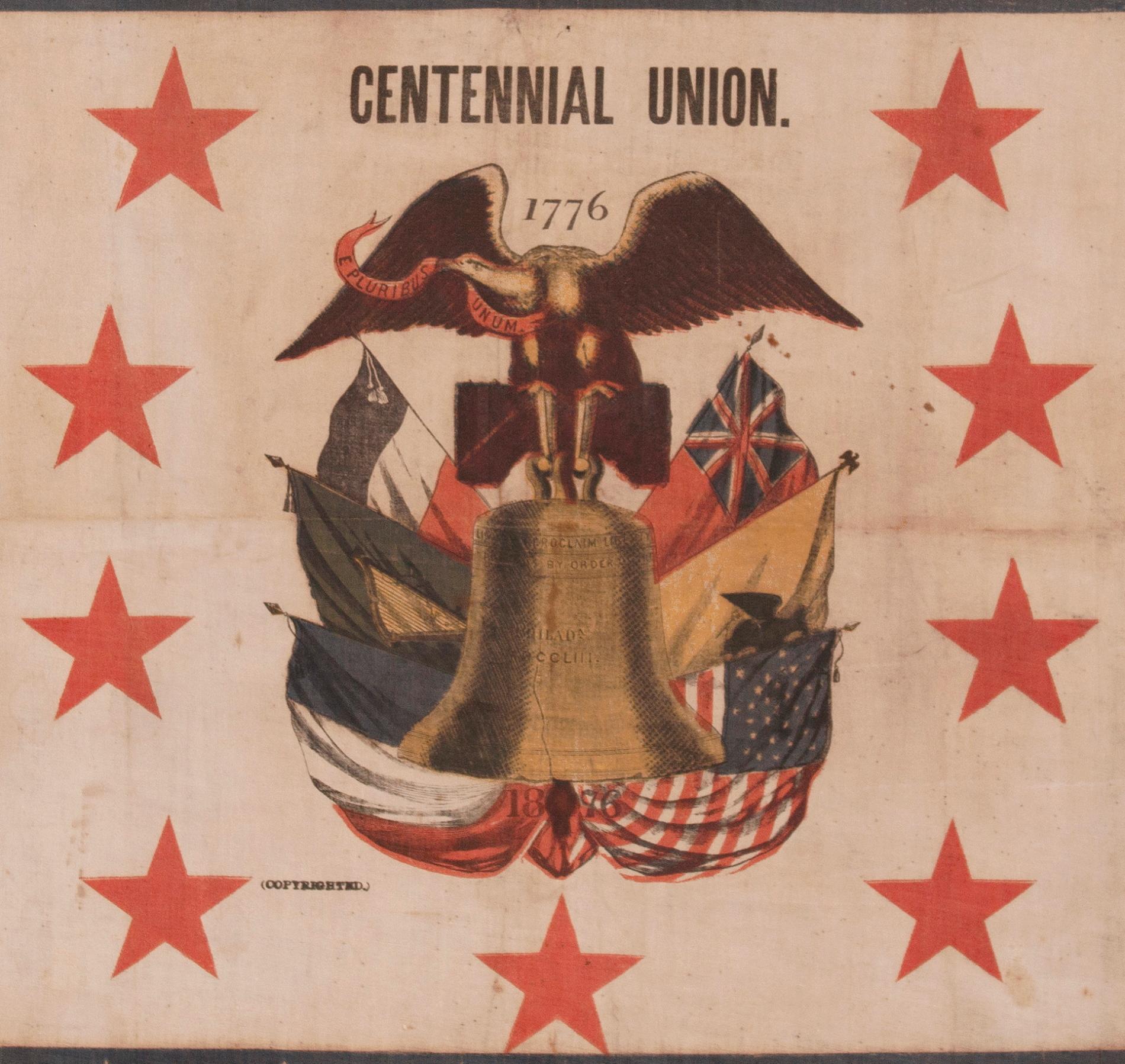 Coton Rare bannière du centenaire de 1876 avec cloche de la Liberté et drapeaux en vente