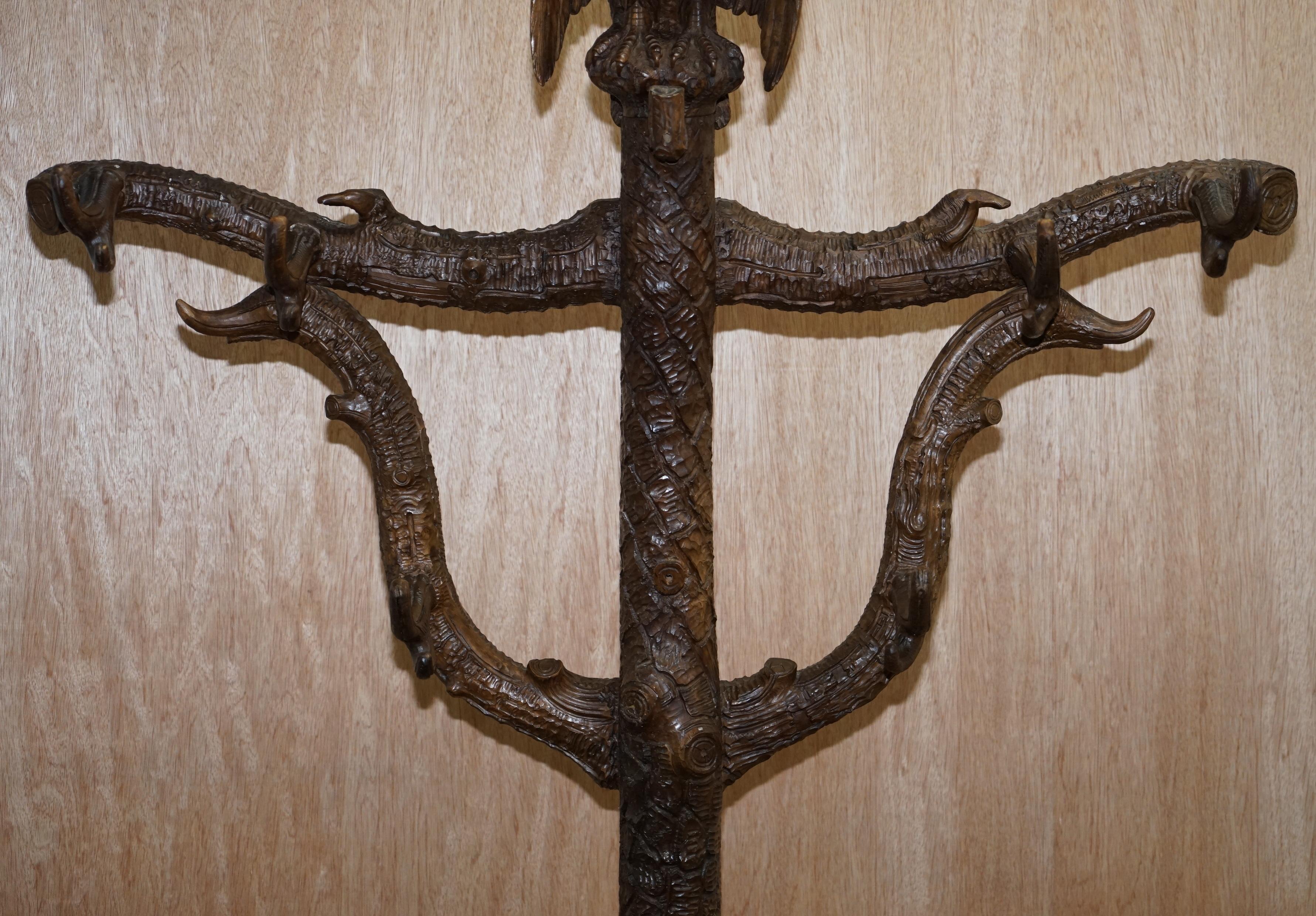 Late 19th Century Rare 1880 American Eagle Black Forest Wood Carved Coat Hat & Umbrella Rack Stand For Sale