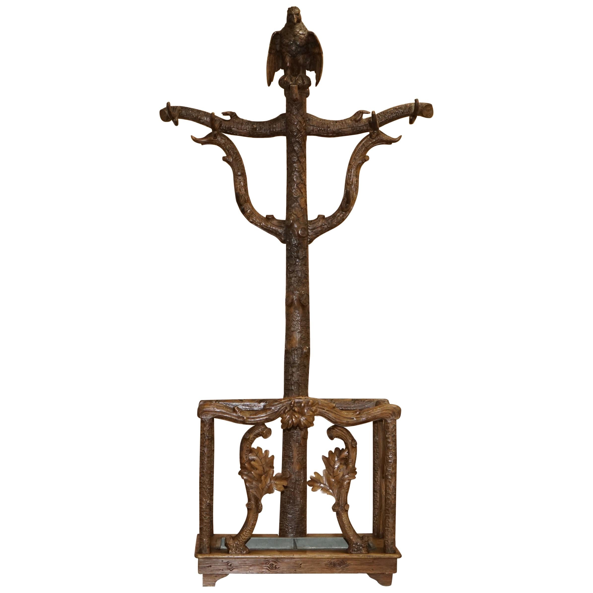 Rare 1880 American Eagle Black Forest Wood Carved Coat Hat & Umbrella Rack Stand For Sale