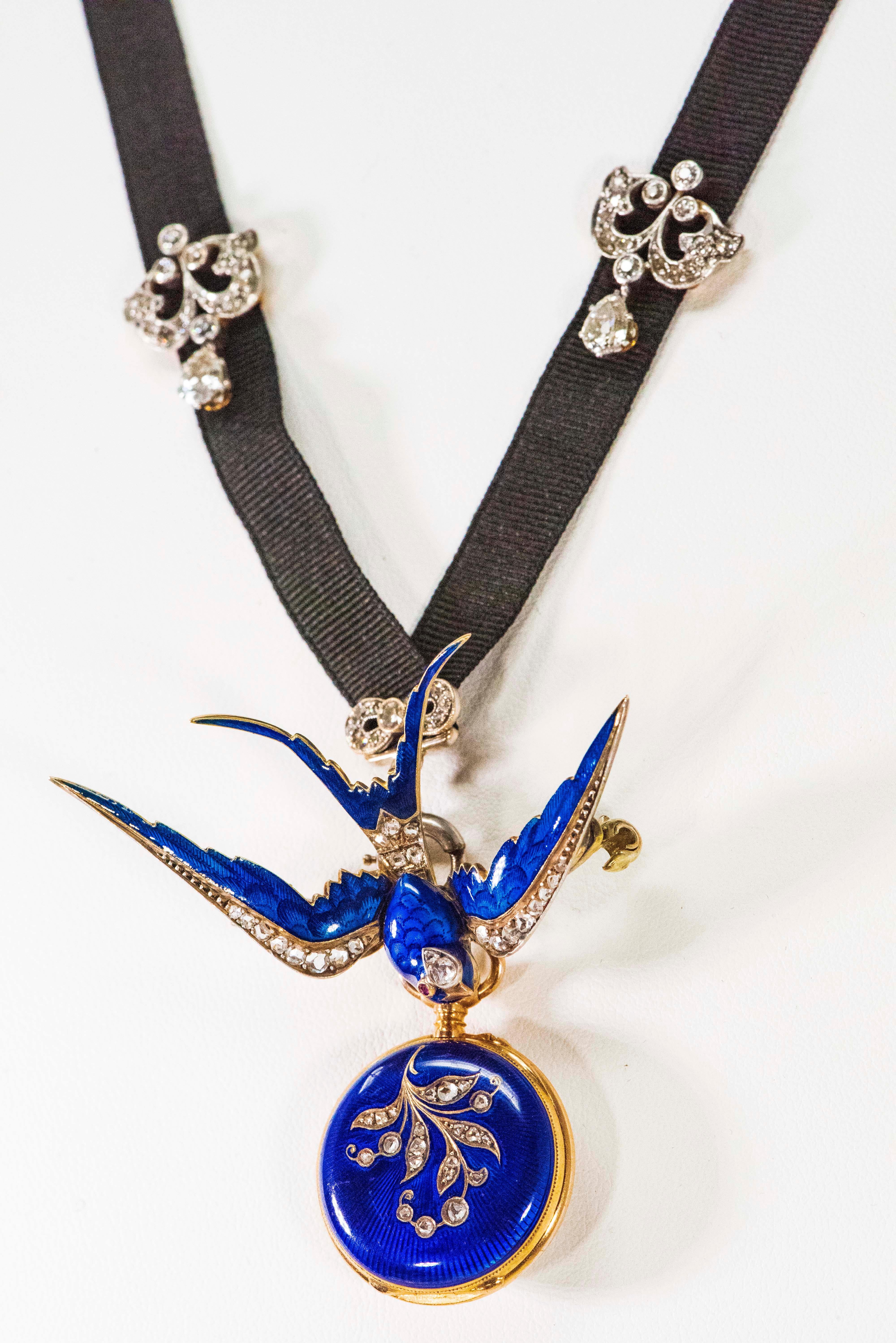 Rare 1880s French Golay Leresche Diamond Ruby Enamel Swallow Bird Pendant Watch For Sale 7