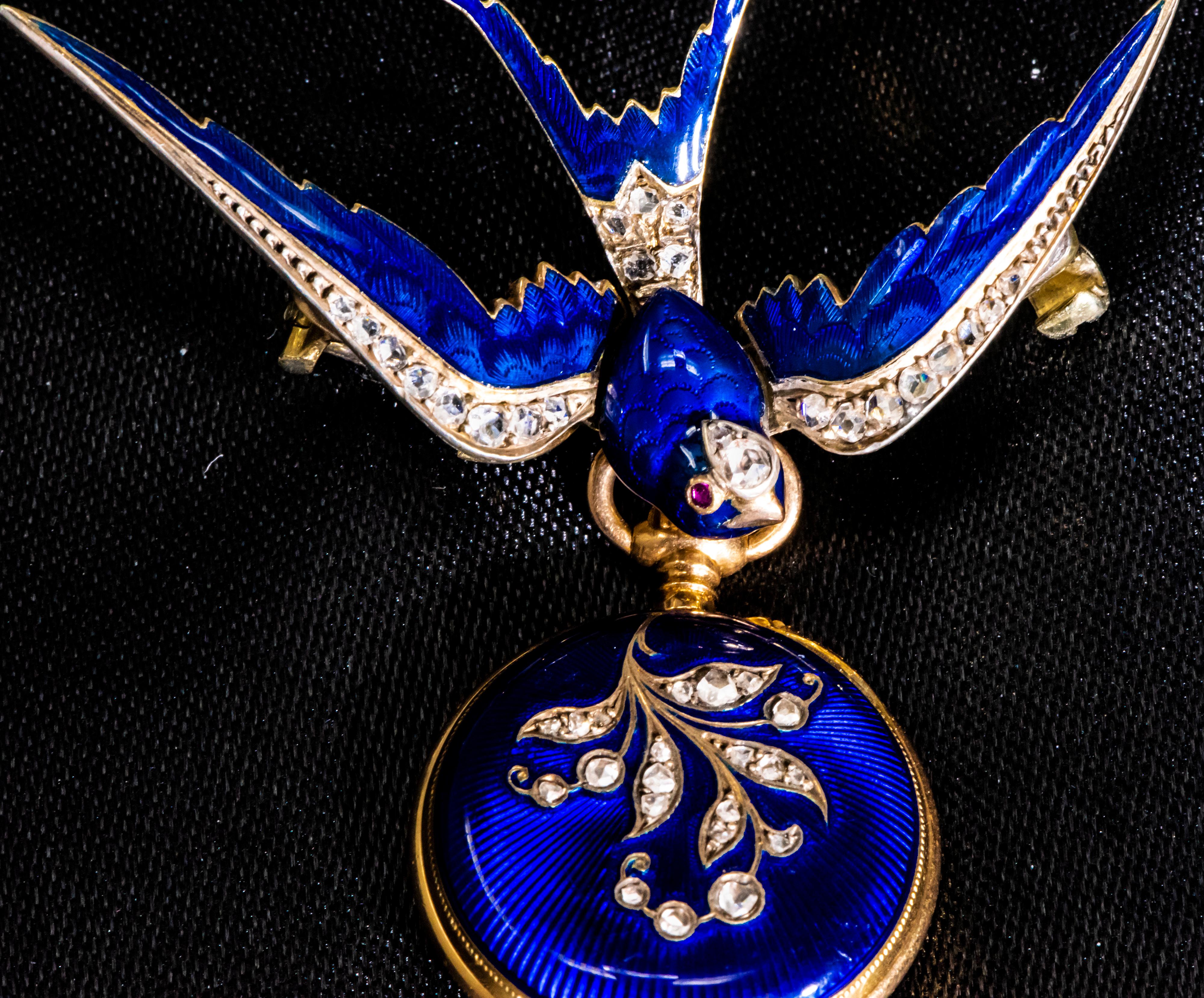 Rare 1880s French Golay Leresche Diamond Ruby Enamel Swallow Bird Pendant Watch For Sale 8