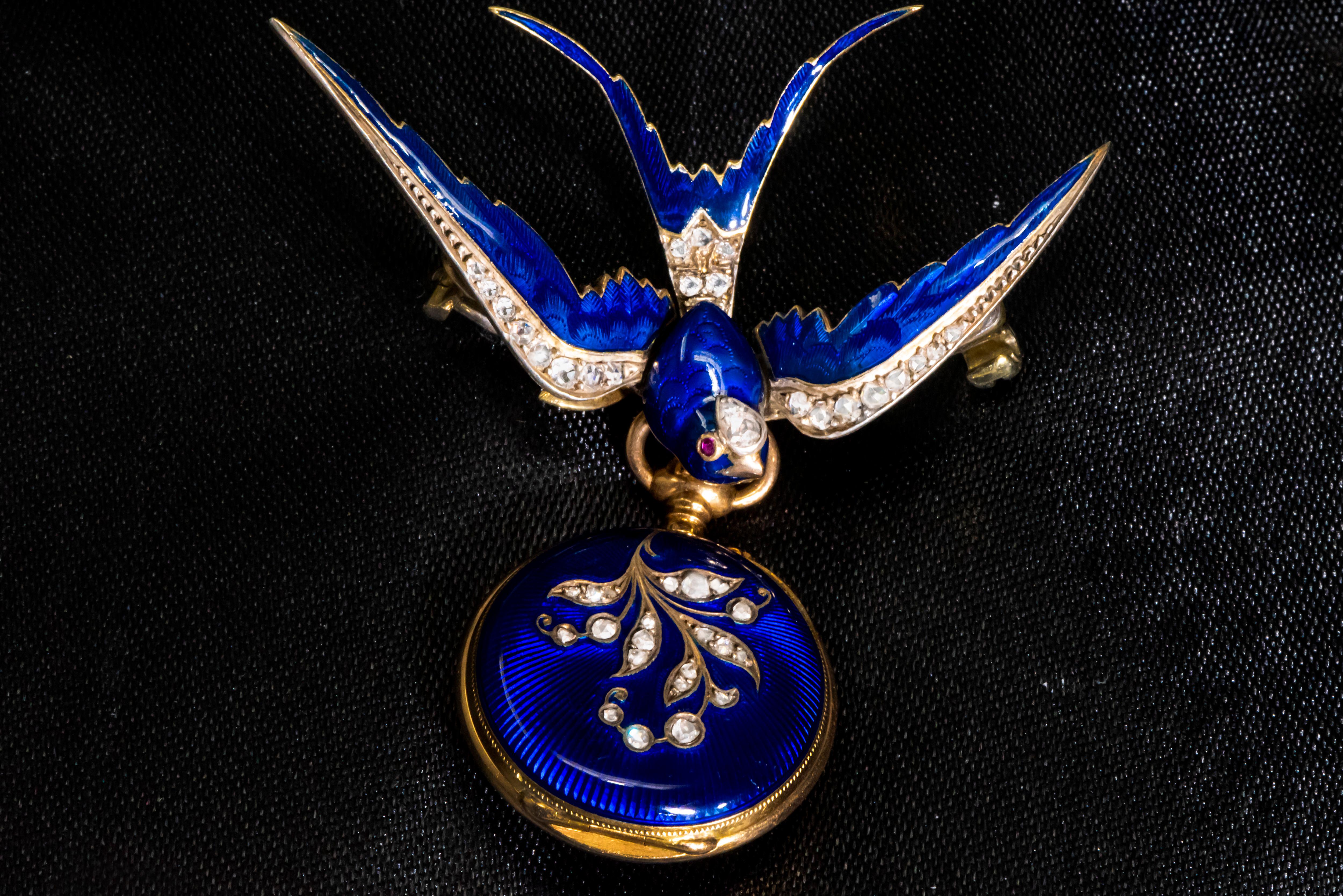 Rare 1880s French Golay Leresche Diamond Ruby Enamel Swallow Bird Pendant Watch For Sale 3