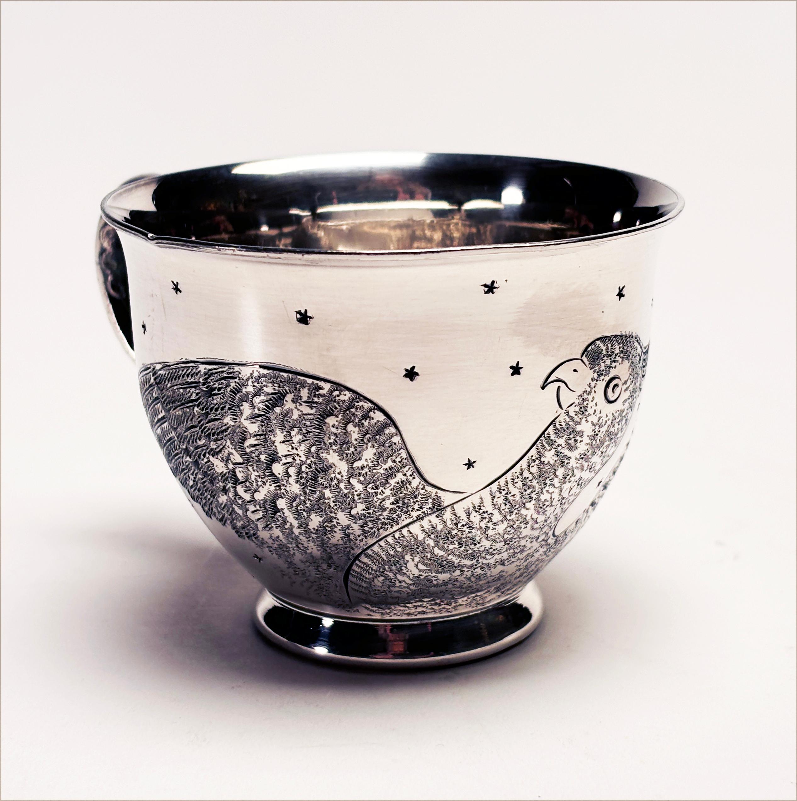 Rara taza de té de 1880 de plata esterlina con la inscripción Stars & Bird de West Silver Co. clásico estadounidense en venta