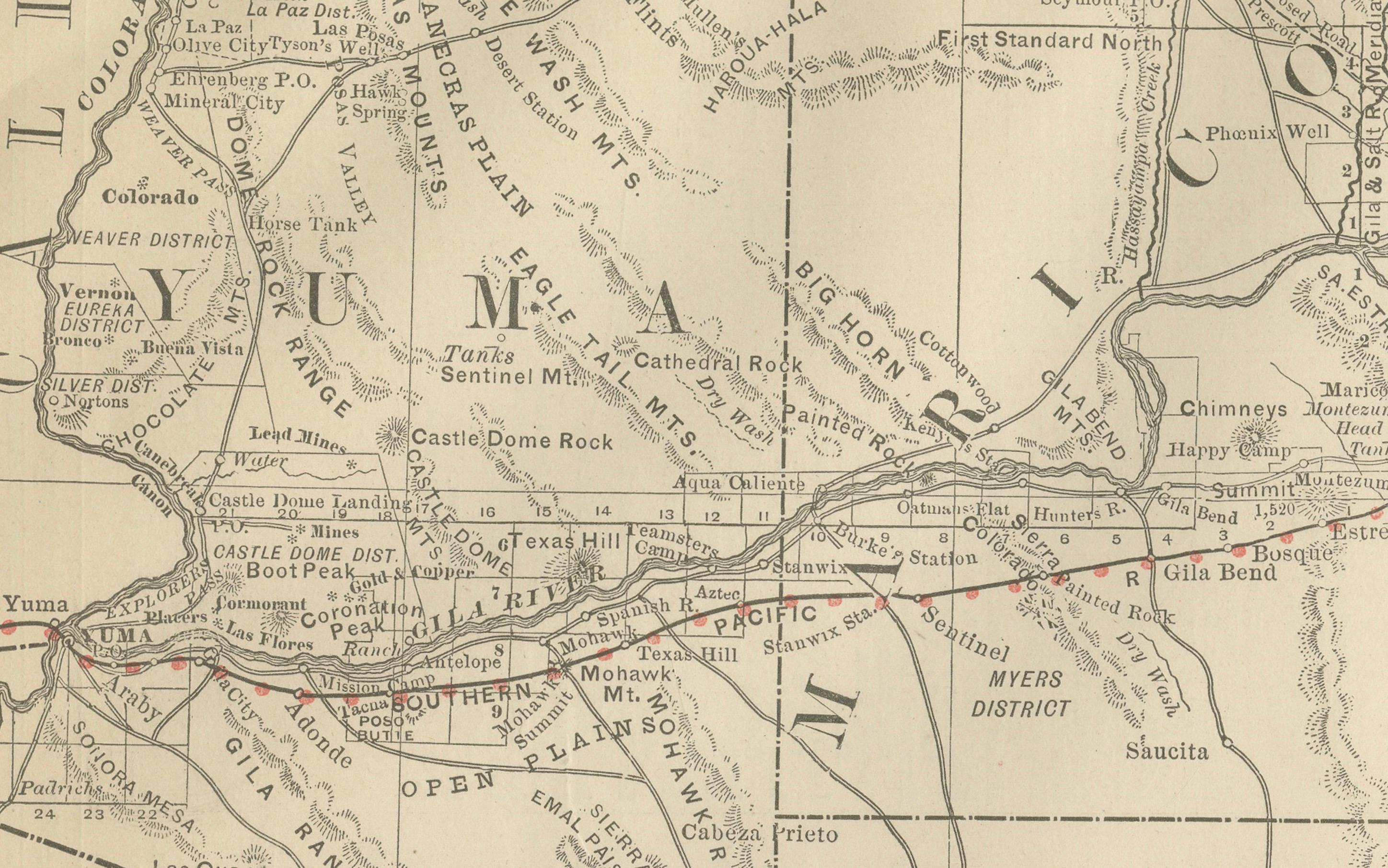 Mappa antica dell'Arizona - Ferrovie, distretti minerari e insediamenti, 1888

Questa antica mappa incisa presenta il Territorio dell'Arizona come appariva nel 1888, un periodo in cui la regione era ancora un'aspra frontiera ma si stava rapidamente