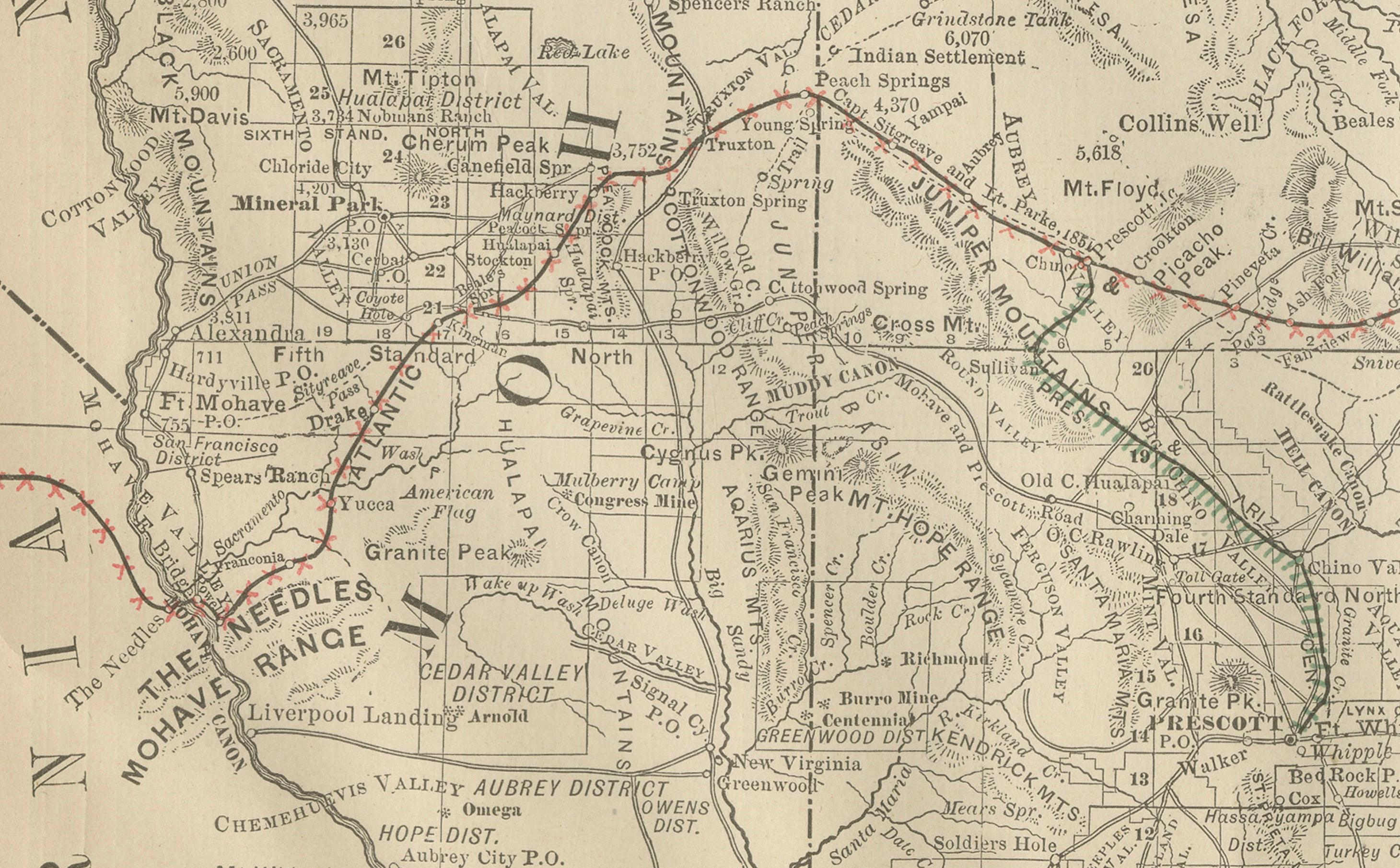 Americano Rara mappa dell'Arizona del 1888 - Ferrovie, miniere e primi insediamenti di frontiera in vendita