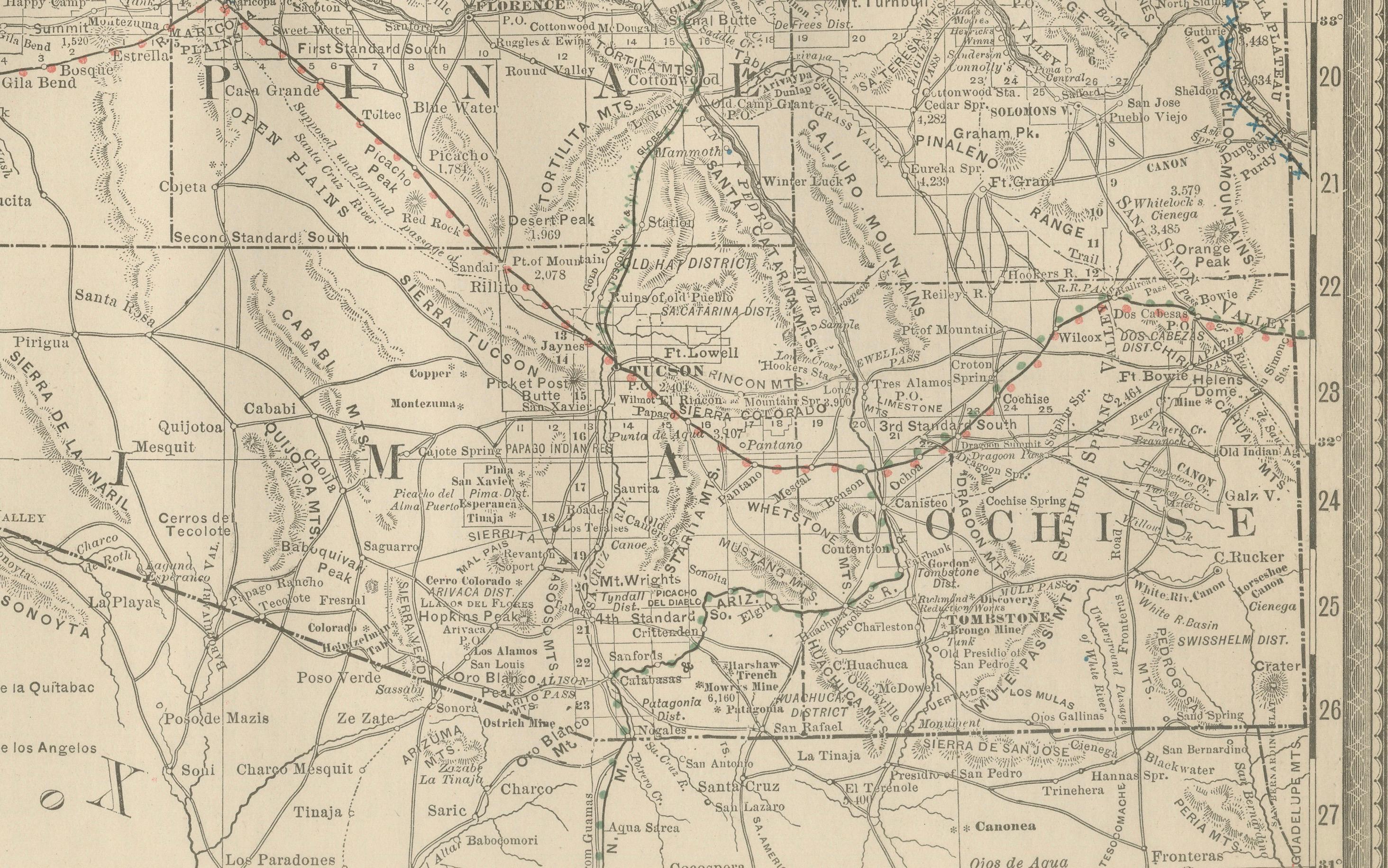 Rara mappa dell'Arizona del 1888 - Ferrovie, miniere e primi insediamenti di frontiera In condizioni buone in vendita a Langweer, NL