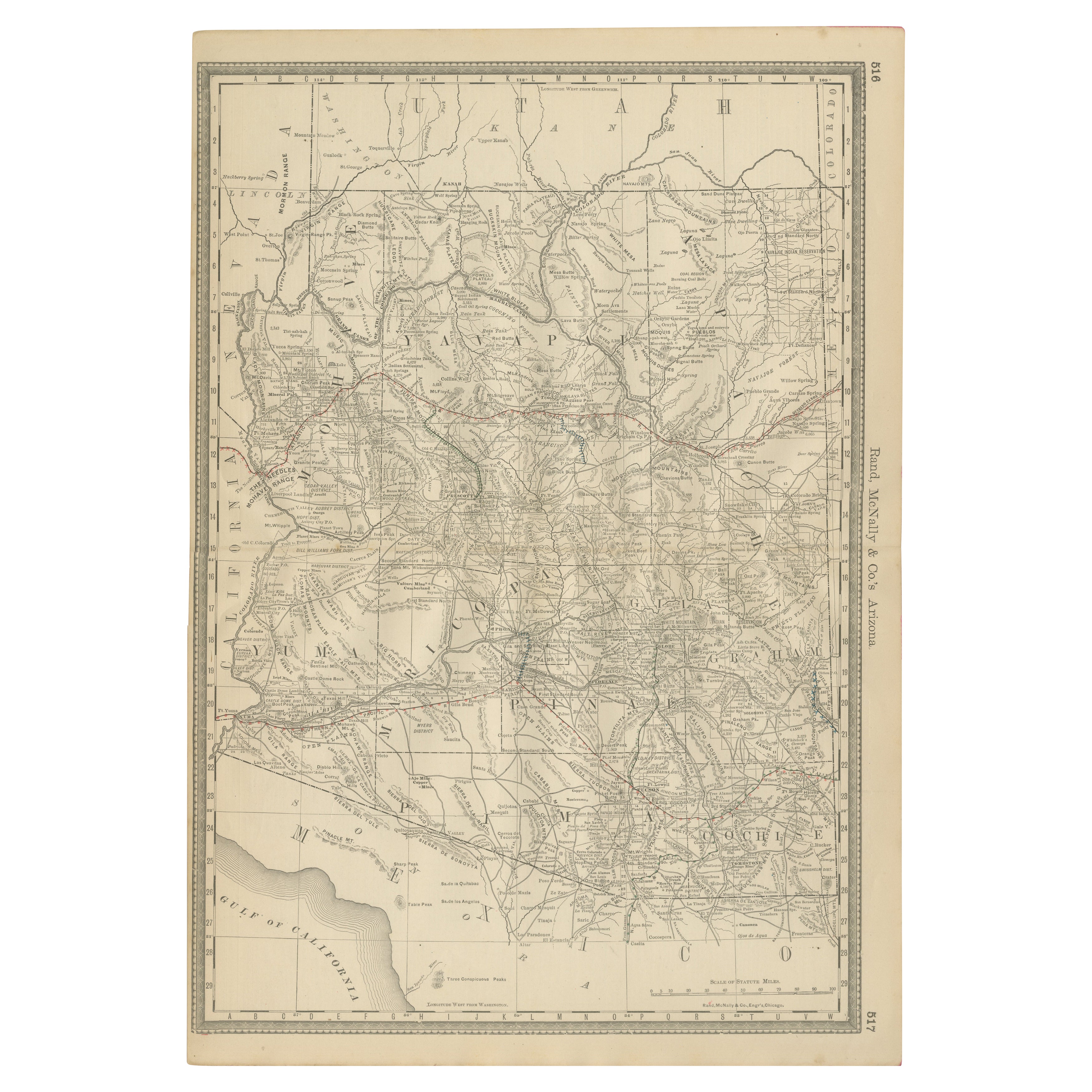 Rara mappa dell'Arizona del 1888 - Ferrovie, miniere e primi insediamenti di frontiera