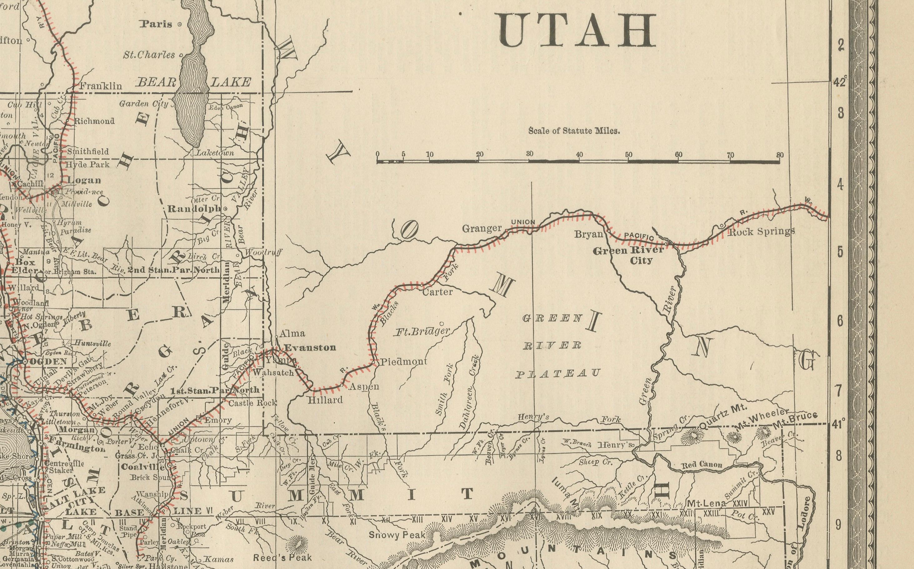 Mappa antica dello Utah - Ferrovie, contee e Grande Lago Salato, 1888

Questa antica mappa incisa presenta il Territorio dello Utah nel 1888, pubblicata da Rand, McNally & Co. di Chicago per il loro Improved Indexed Business Atlas and Shippers