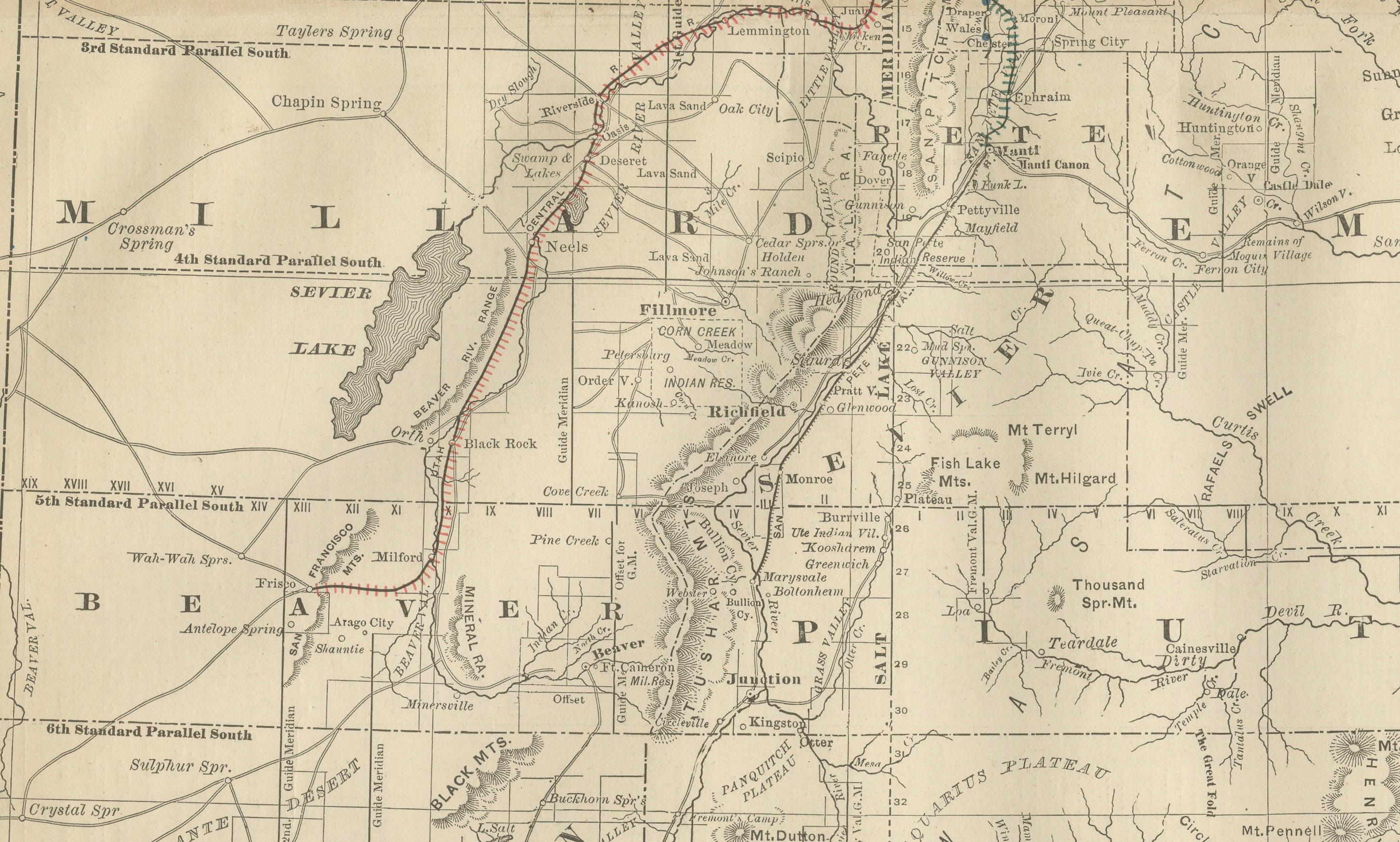Rara mappa dello Utah del 1888 - Ferrovie, contee e Grande Lago Salato dello Stato dell'Alveare In condizioni buone in vendita a Langweer, NL