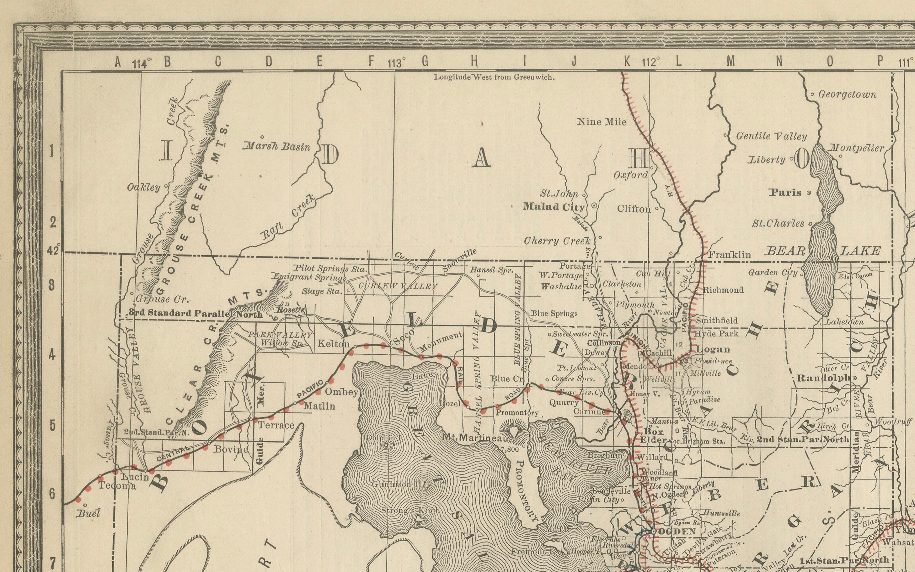 XIX secolo Rara mappa dello Utah del 1888 - Ferrovie, contee e Grande Lago Salato dello Stato dell'Alveare in vendita