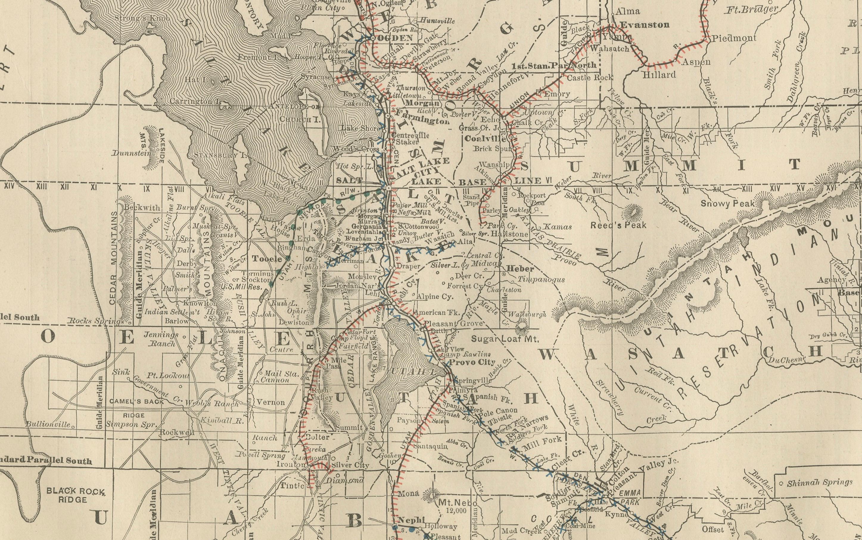 Carta Rara mappa dello Utah del 1888 - Ferrovie, contee e Grande Lago Salato dello Stato dell'Alveare in vendita