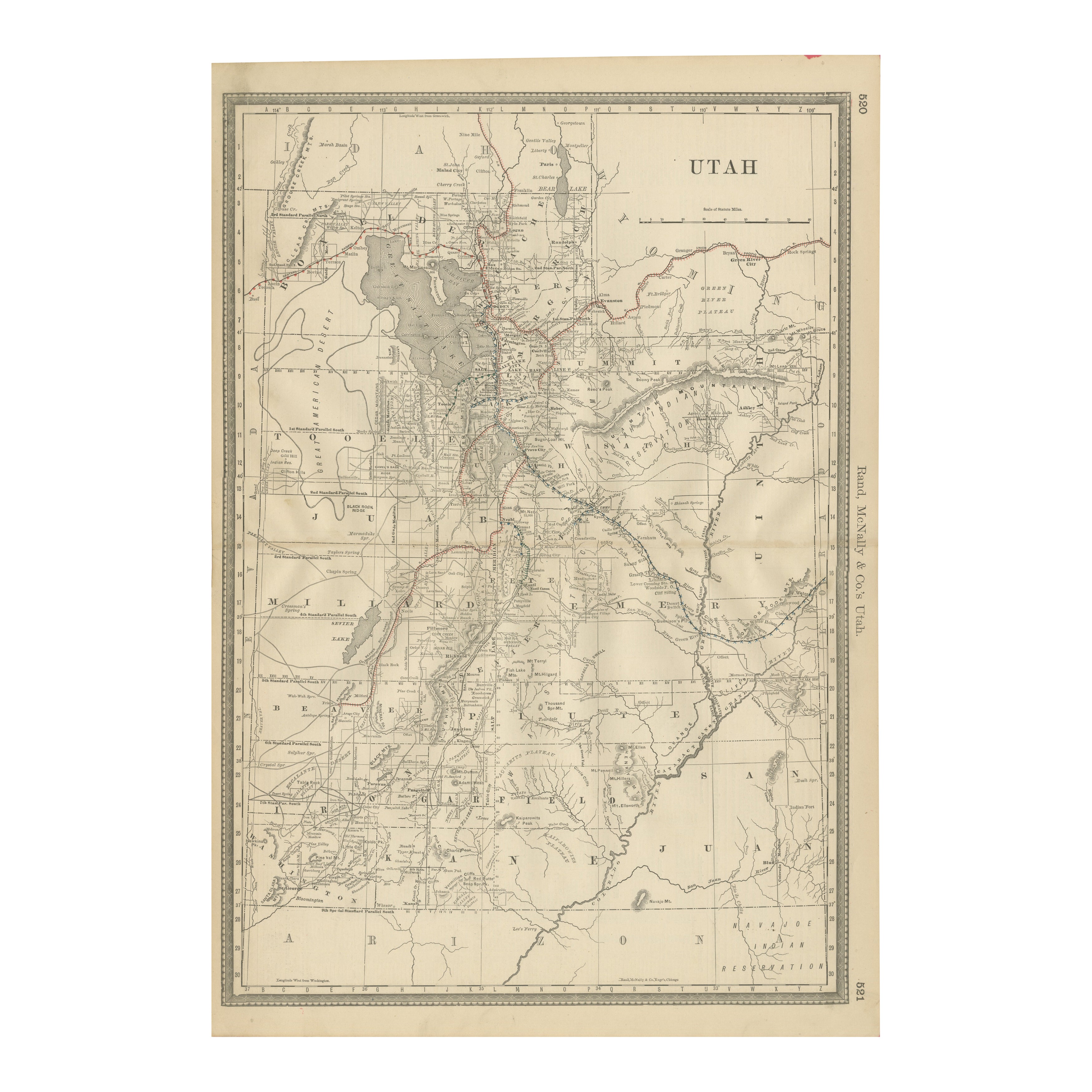 Rara mappa dello Utah del 1888 - Ferrovie, contee e Grande Lago Salato dello Stato dell'Alveare