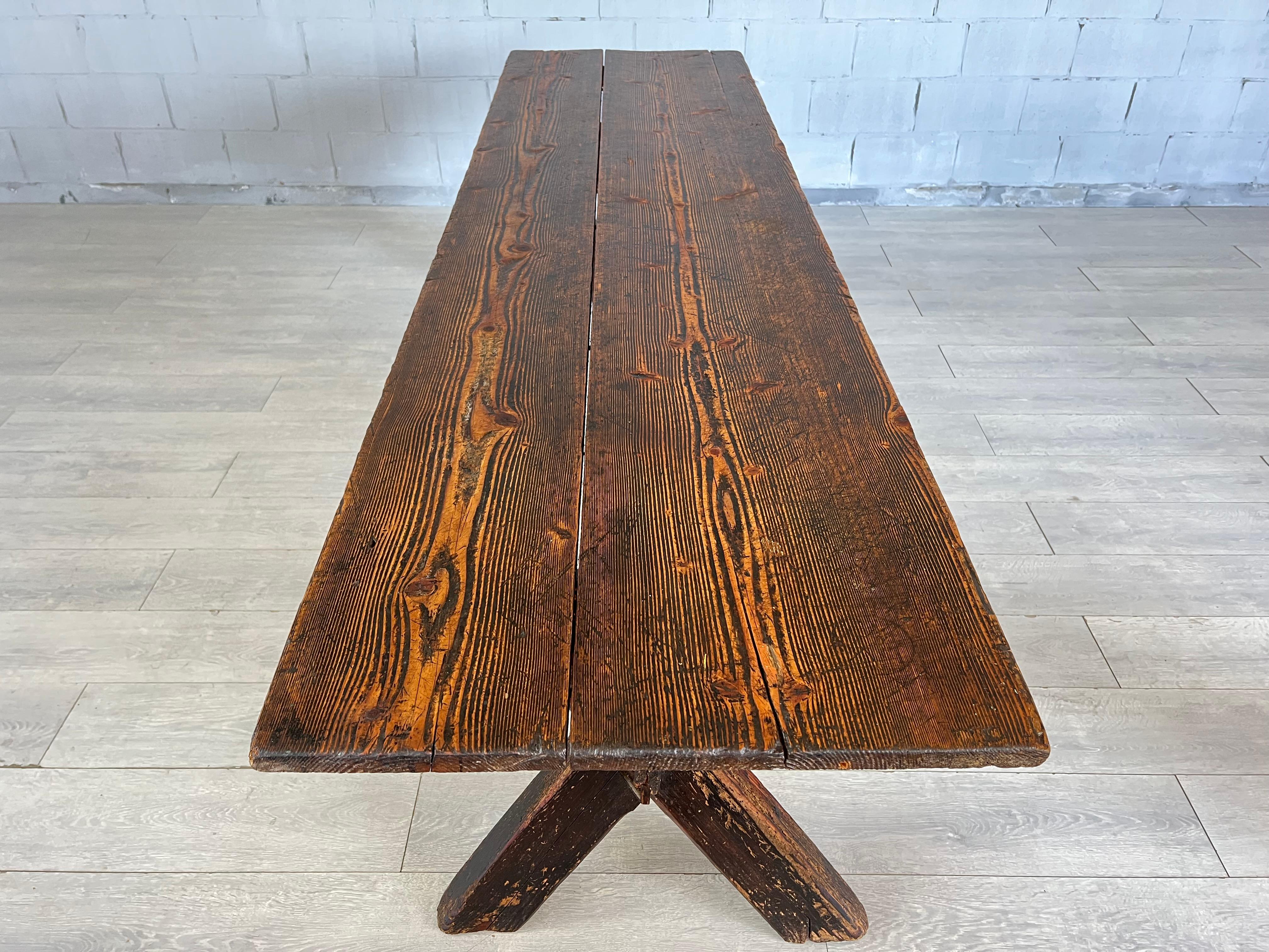 Antique Scandinavian Pine Trestle Dining Table With X-Legs Base For Sale 9