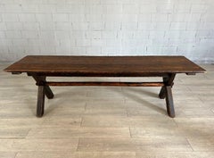 Rare 18c Scandinavian Pine Trestle Dining Table With X-Legs Base